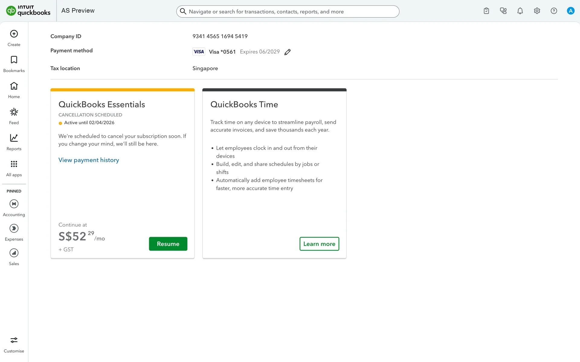 QuickBooks plan card showing CANCELLATION SCHEDULED, Active until the end date, with a Resume button to reactivate