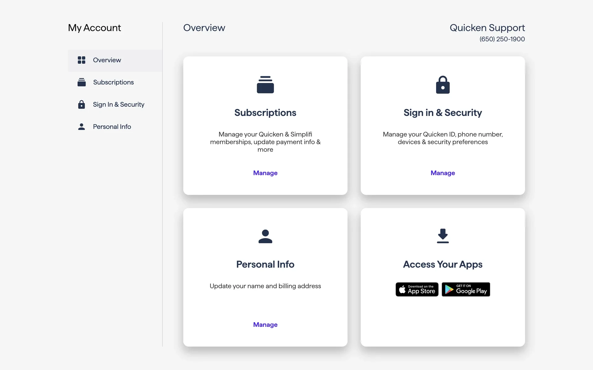 Quicken My Account Overview page with four cards, the Subscriptions card reading "Manage your Quicken & Simplifi memberships, update payment info & more" and a Manage link