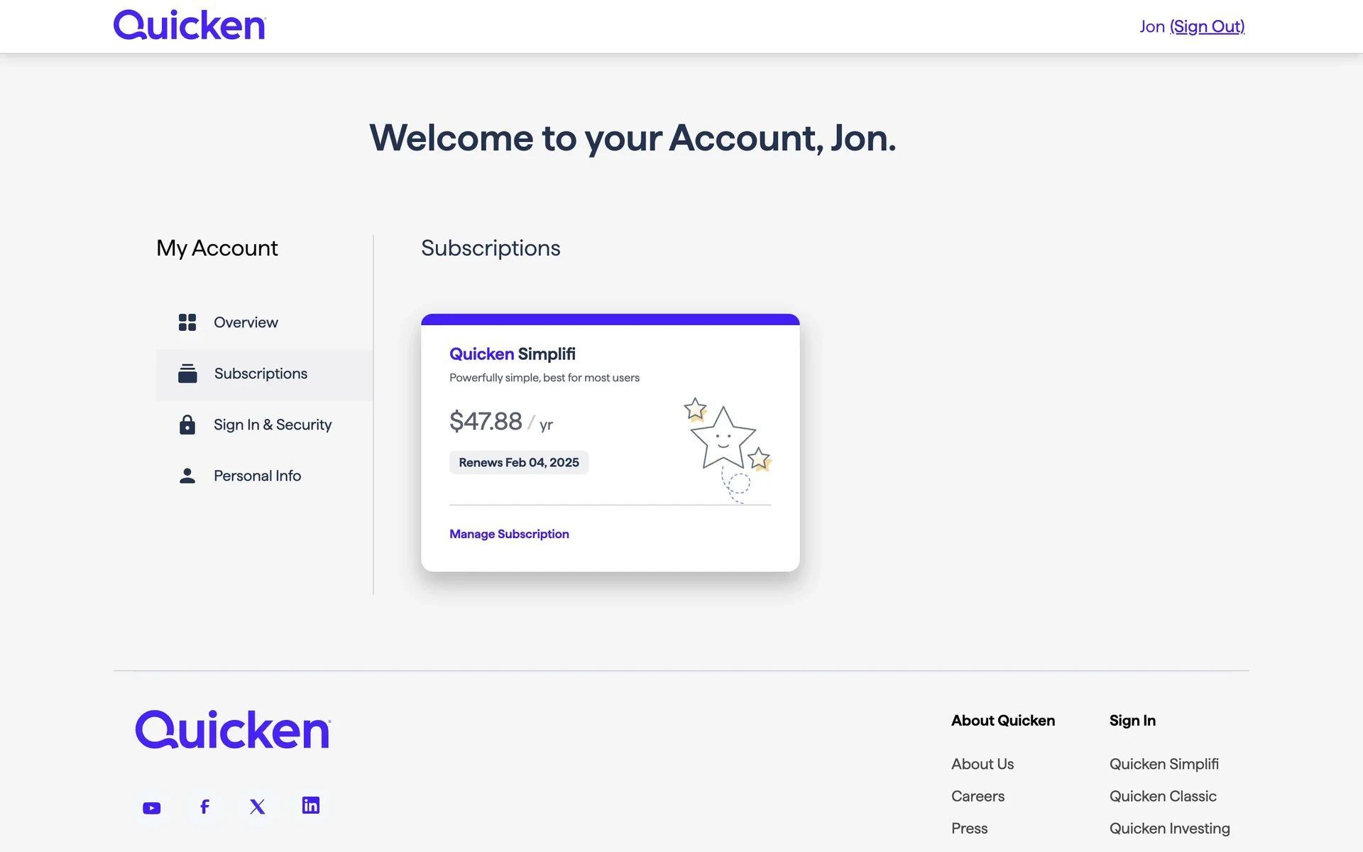 Subscriptions page showing the Quicken Simplifi card, "Powerfully simple, best for most users", $47.88 / yr, a Renews Feb 04, 2025 badge, and a Manage Subscription link
