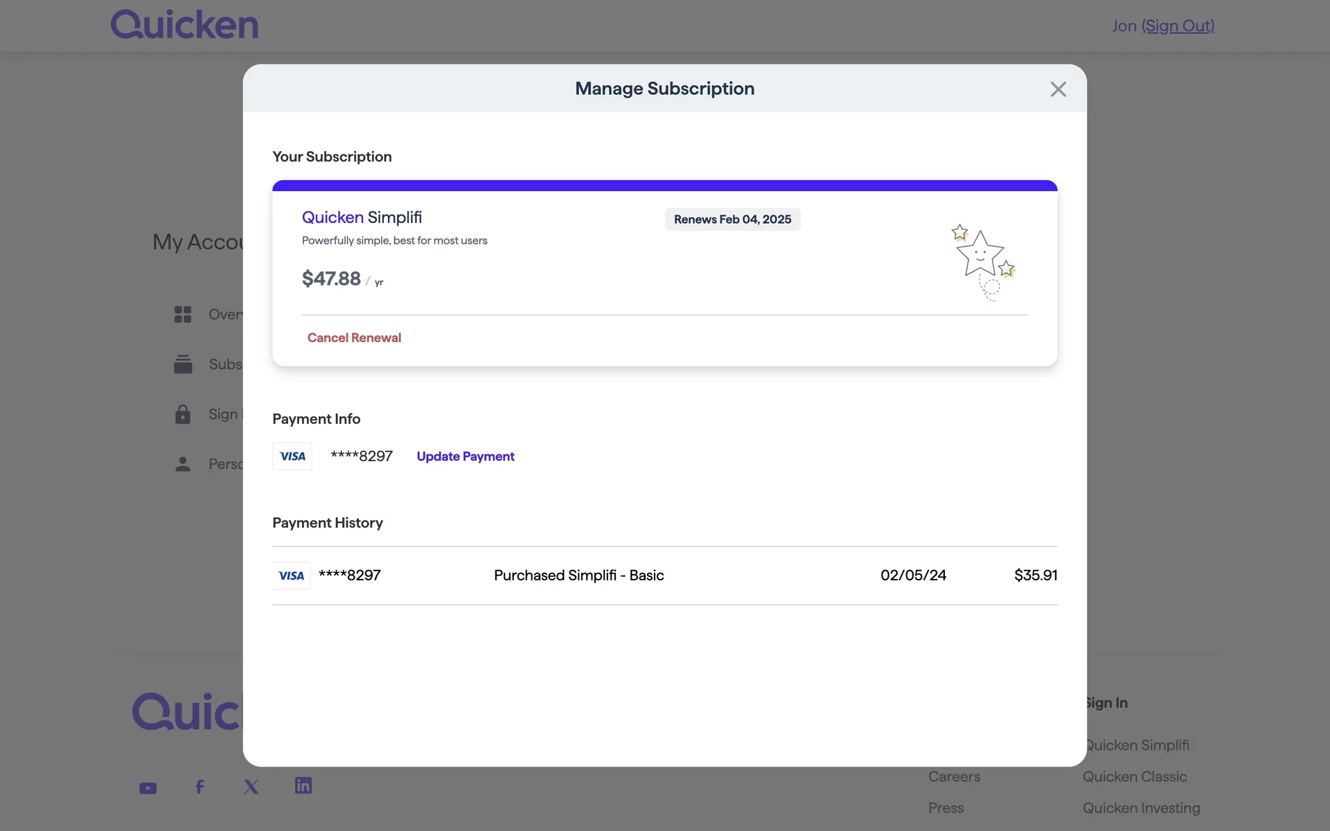 Manage Subscription modal titled Your Subscription showing the Quicken Simplifi plan, $47.88 / yr, Renews Feb 04, 2025, and a red Cancel Renewal link above the payment info and payment history