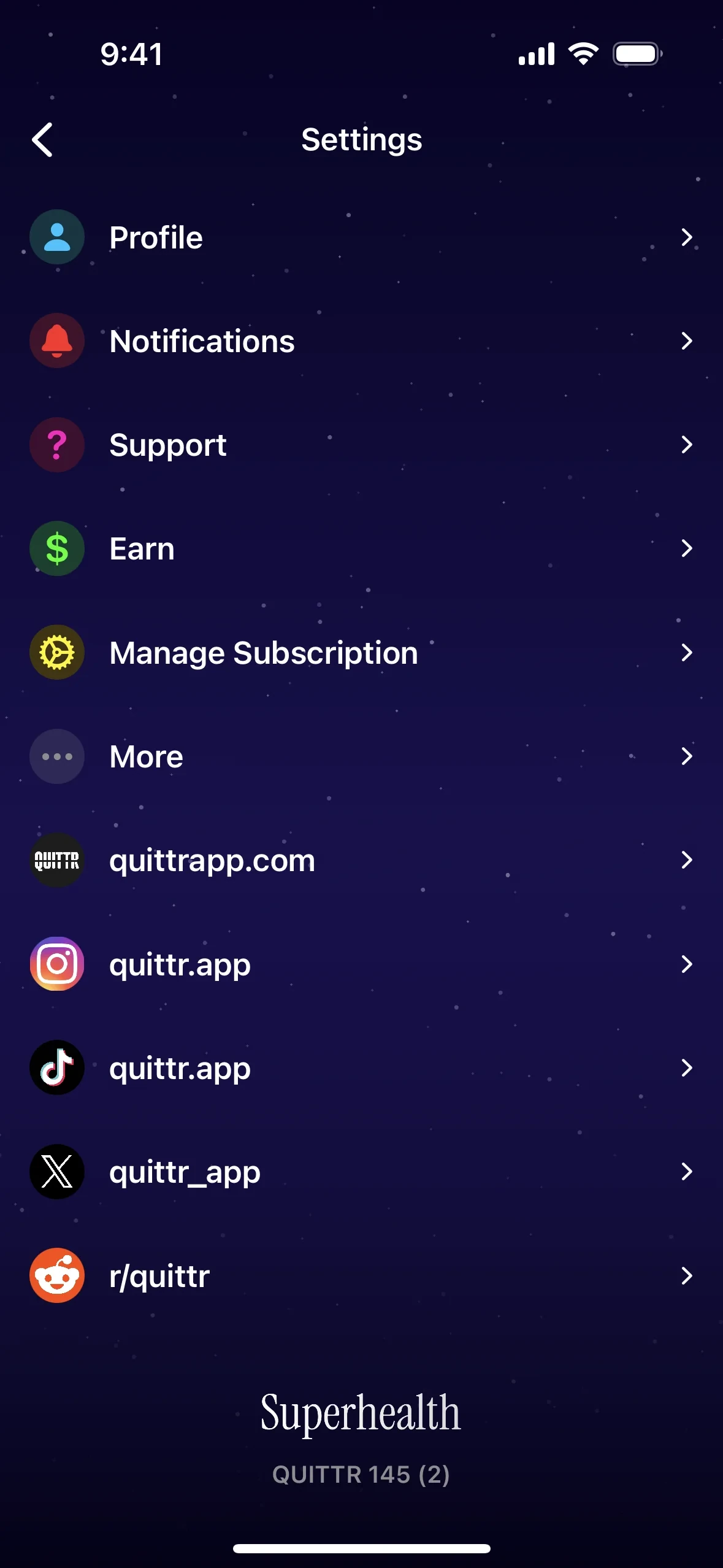 QUITTR iOS Settings screen listing Profile, Notifications, Support, Earn, Manage Subscription, More, plus quittrapp.com and social links including r/quittr