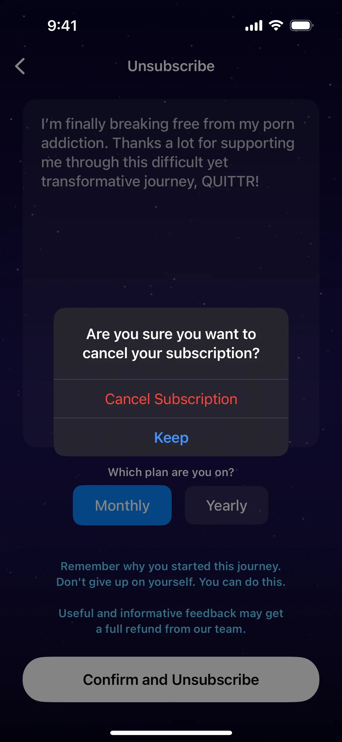 QUITTR dialog reading Are you sure you want to cancel your subscription? with a red Cancel Subscription button and a blue Keep button