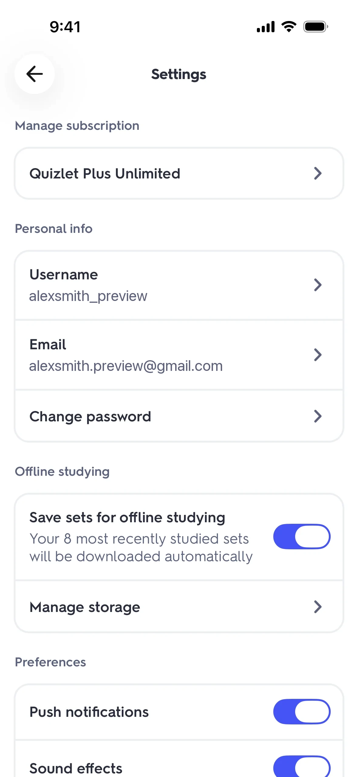 Quizlet iOS Settings screen with a Manage subscription section at the top containing a tappable Quizlet Plus Unlimited row, above Personal info, Offline studying and Preferences sections