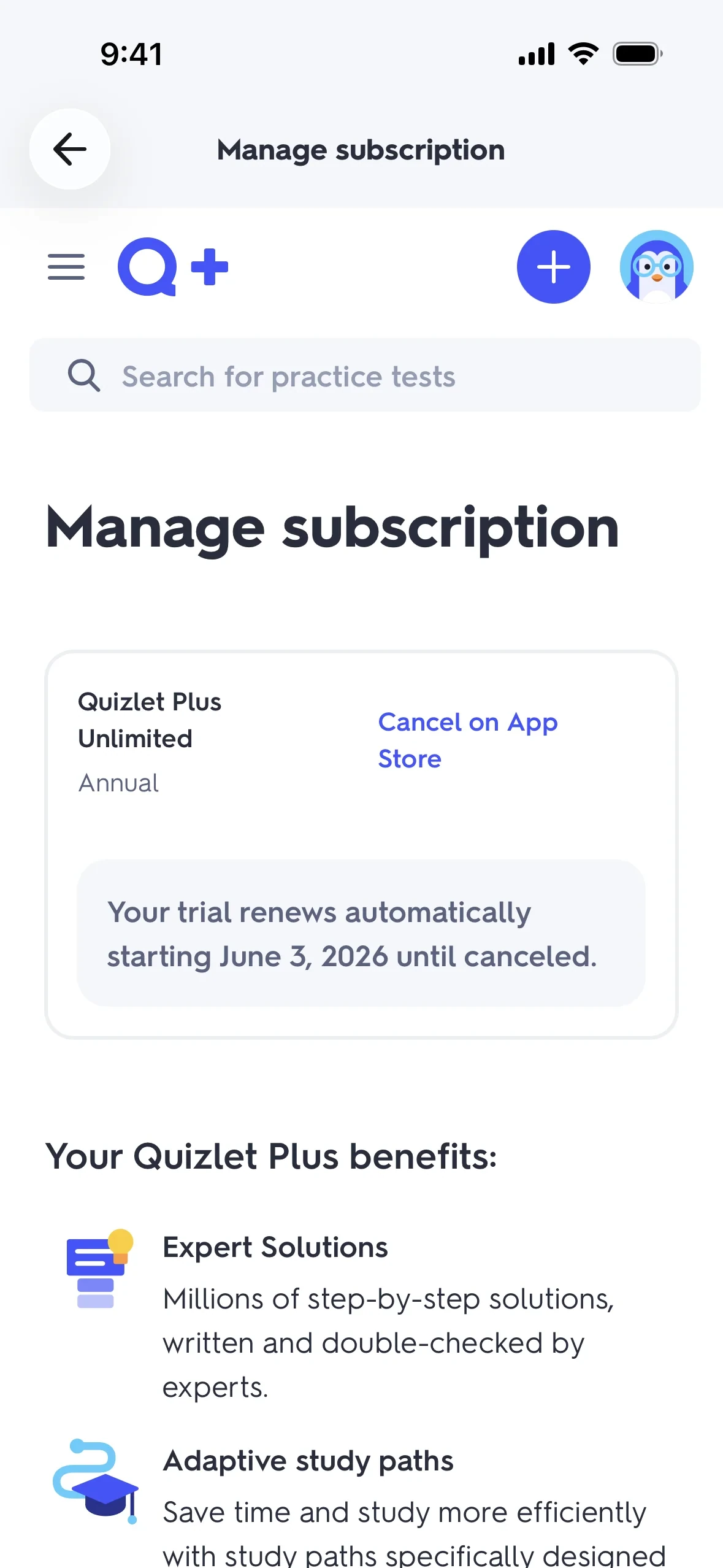 Quizlet Manage subscription screen showing a card headed Quizlet Plus Unlimited, Annual, with a blue Cancel on App Store link to its right and the notice "Your trial renews automatically starting June 3, 2026 until canceled"