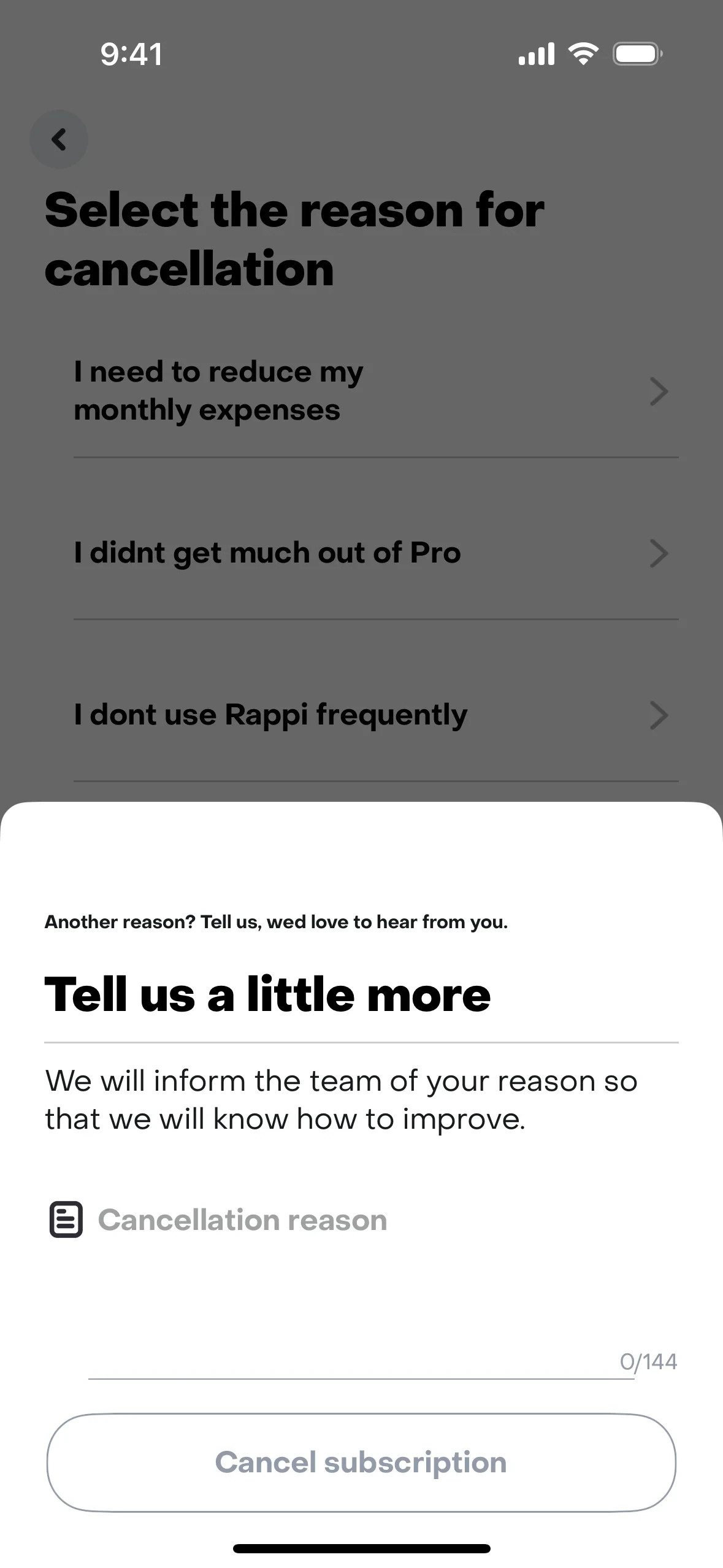 Rappi Pro subscription detail page showing the plan name, monthly price in COP, next renewal date, and subscription options