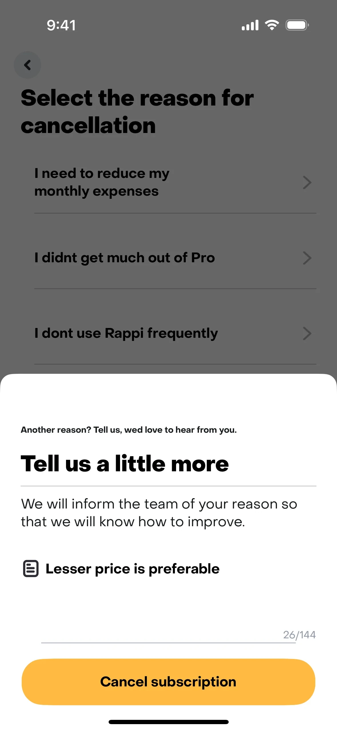 Bottom of the Rappi Pro subscription detail page showing the red Cancel Subscription button
