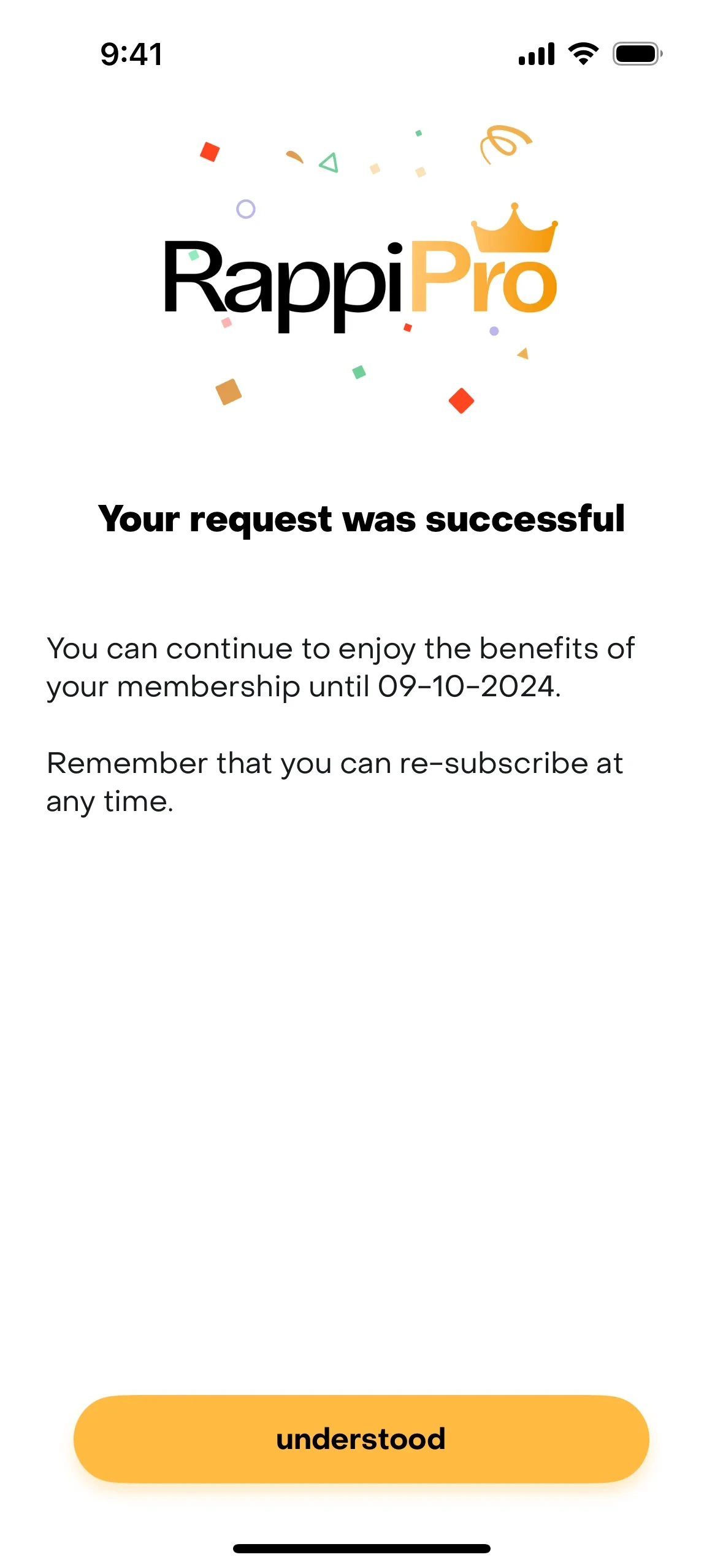 iOS confirmation dialog asking to confirm cancellation of Rappi Pro subscription with the end-of-service date displayed