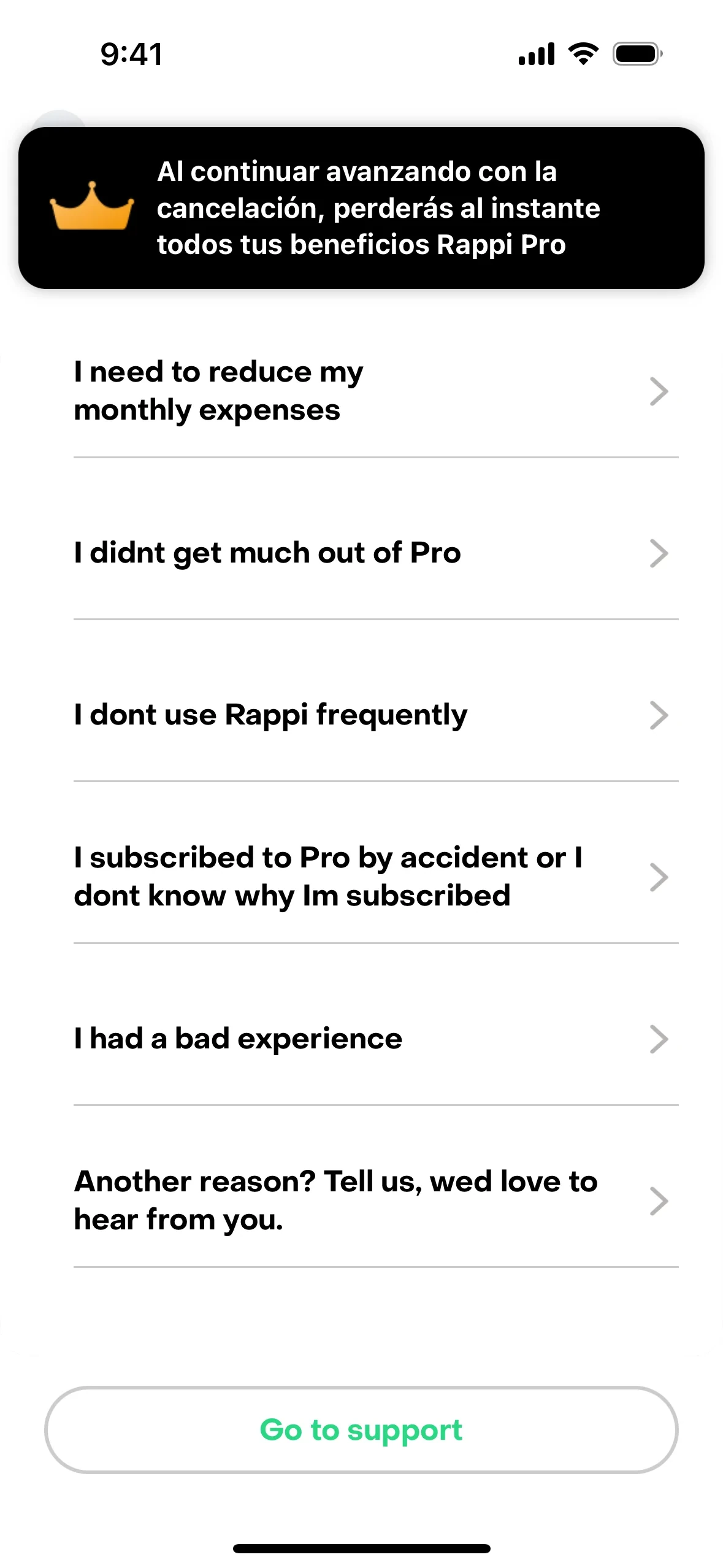 Rappi Pro subscription page now showing Expires on date instead of Renews, confirming the subscription will not auto-renew
