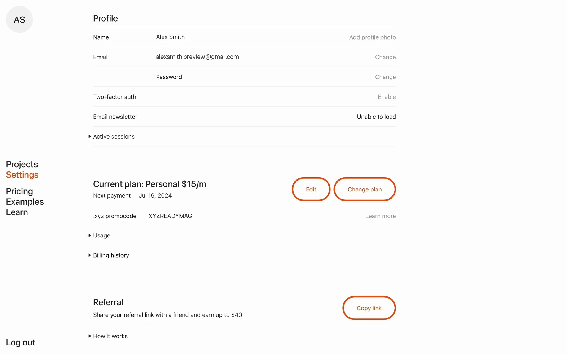 Readymag Settings page captured in 2024, with the Profile section (name, email, password, two-factor auth) above Current plan: Personal $15/m (the 2024 price; Personal is $19 a month today) and Next payment Jul 19, 2024, next to orange-outlined Edit and Change plan buttons, then a .xyz promocode row and Usage and Billing history toggles