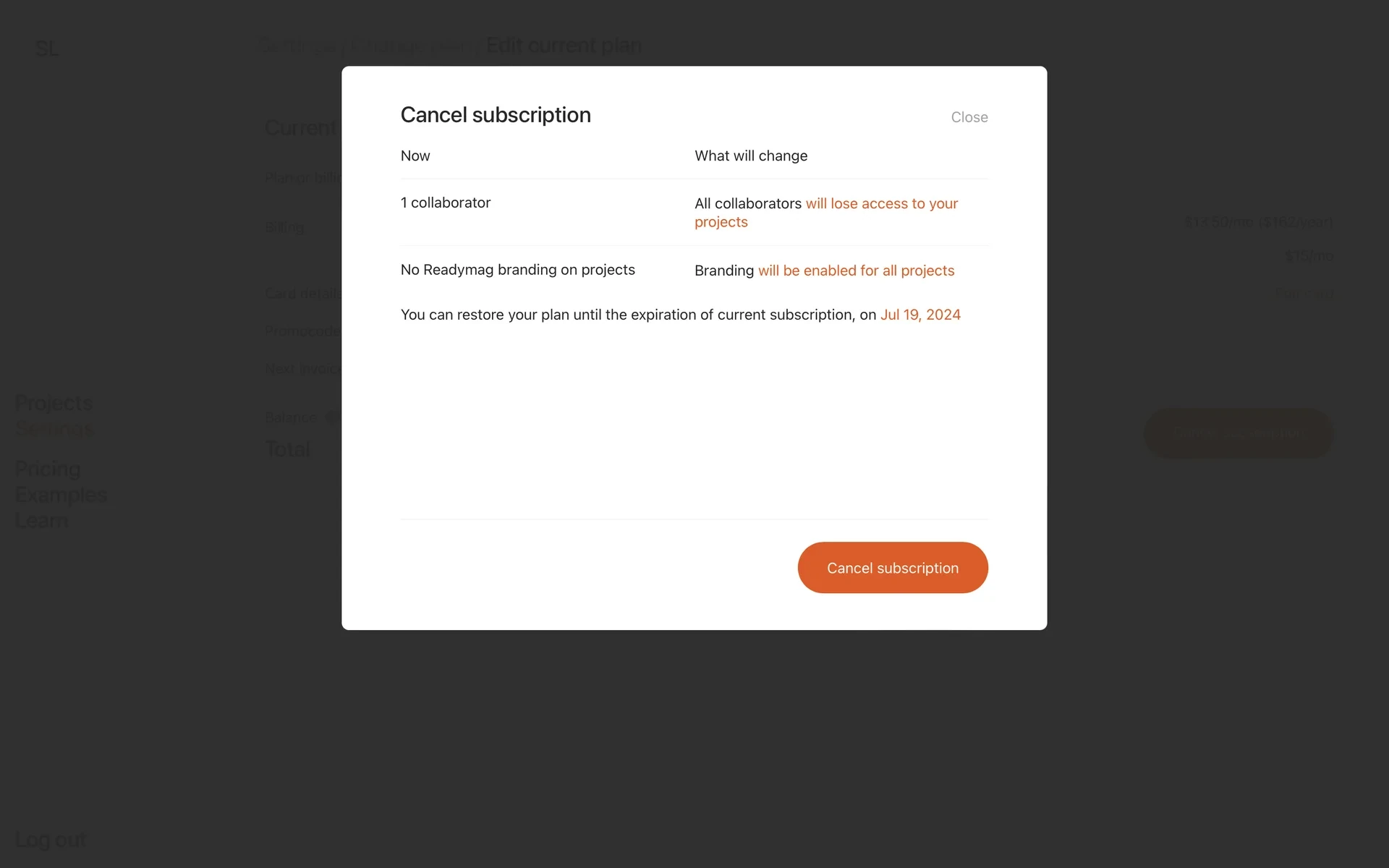 Readymag Cancel subscription pop-up captured in 2024, with Now and What will change columns: 1 collaborator becomes All collaborators will lose access to your projects, No Readymag branding on projects becomes Branding will be enabled for all projects, a line reading You can restore your plan until the expiration of current subscription, on Jul 19, 2024, a Close link and an orange Cancel subscription button