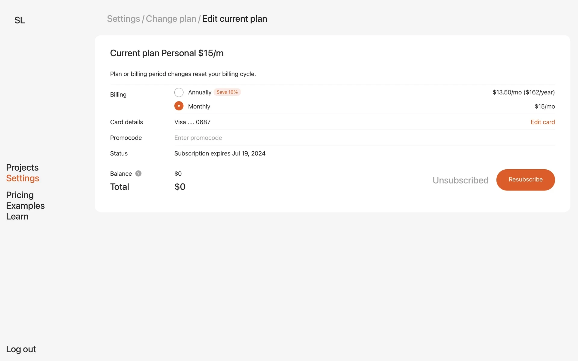 Readymag Edit current plan page captured in 2024 after cancelling, with the Status row reading Subscription expires Jul 19, 2024, a grey Unsubscribed label and an orange Resubscribe button at the bottom right