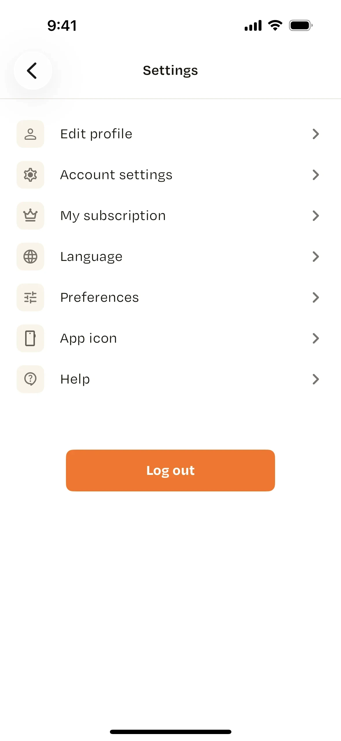 ReciMe iOS Settings screen listing Edit profile, Account settings, My subscription, Language, Preferences, App icon, and Help above an orange Log out button