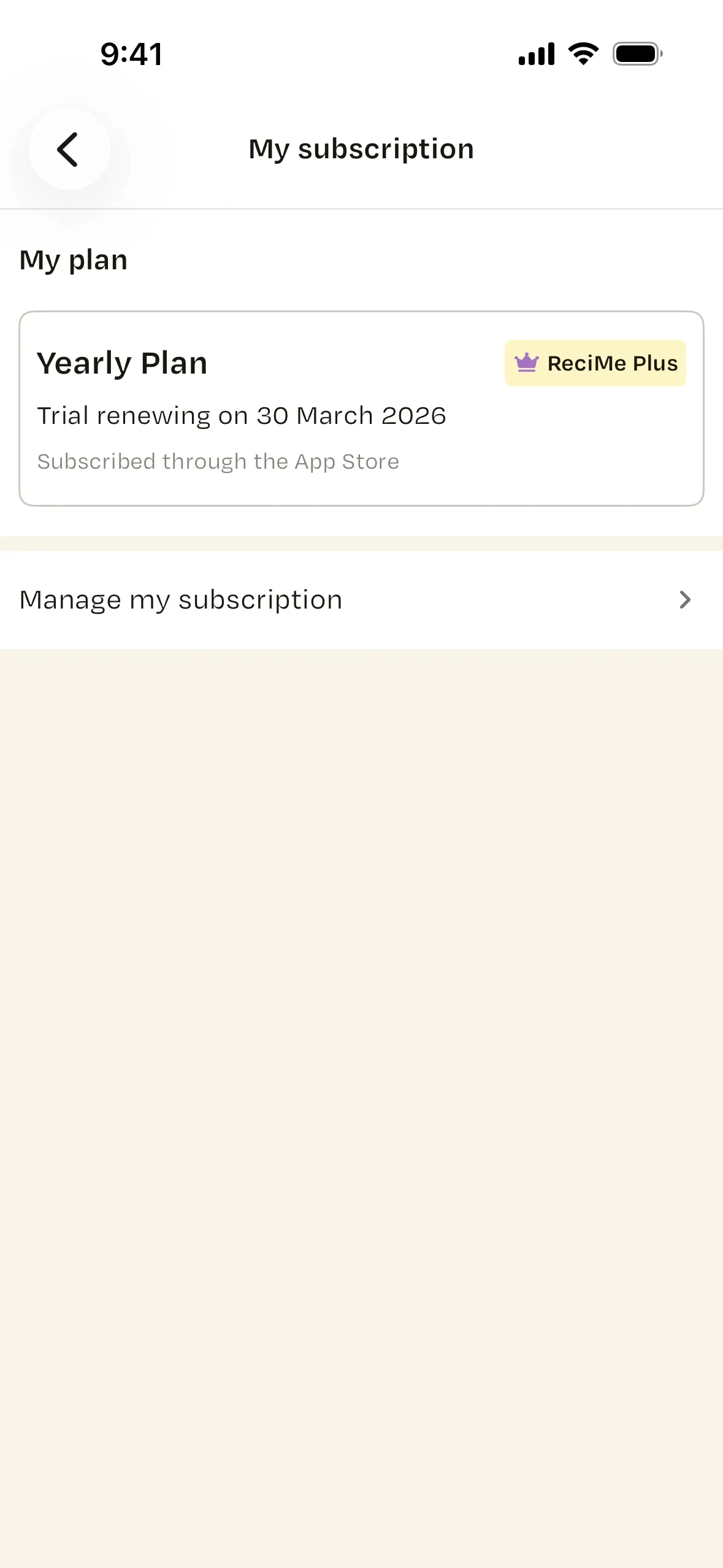ReciMe My subscription screen showing a Yearly Plan, ReciMe Plus badge, trial renewal date, Subscribed through the App Store label, and Manage my subscription row