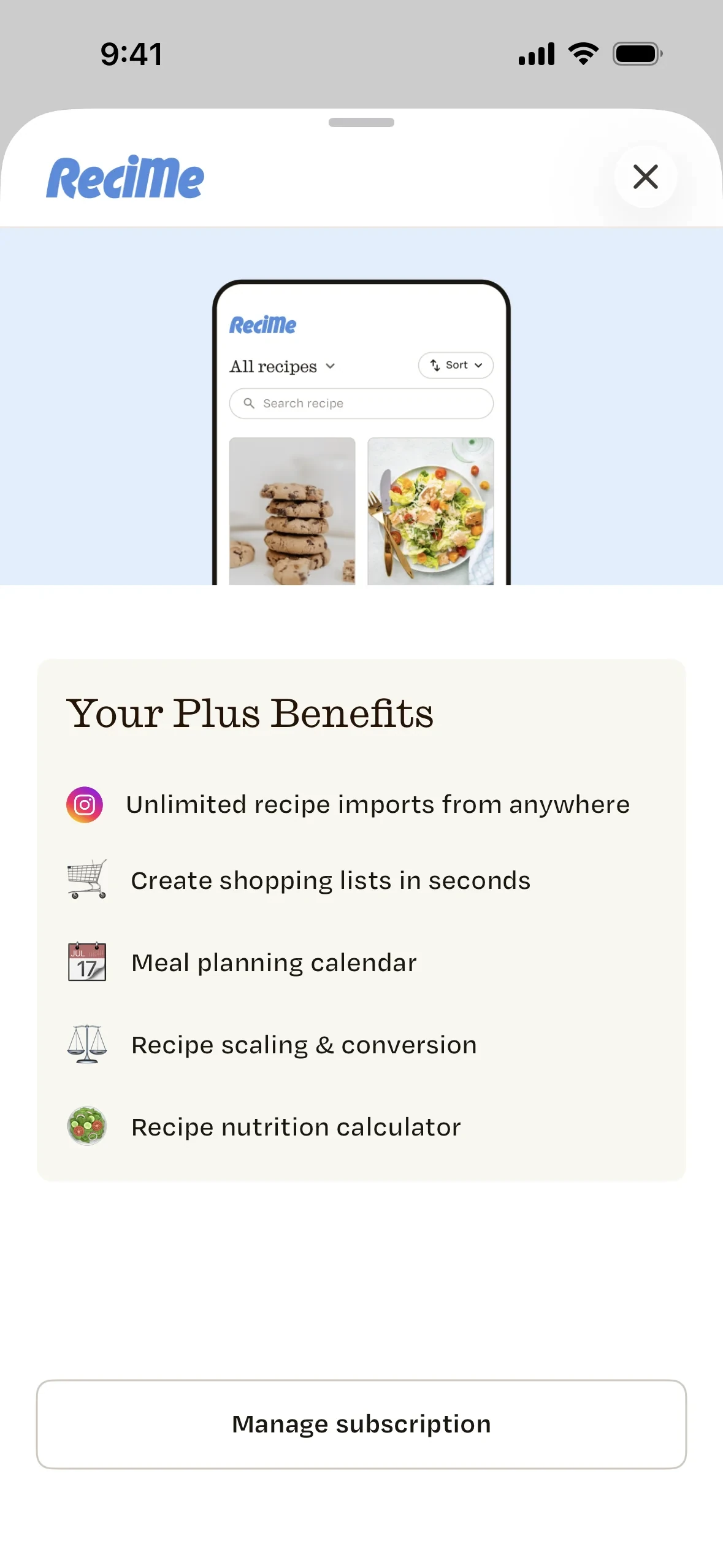 ReciMe Plus benefits panel listing unlimited recipe imports, shopping lists, meal planning, recipe scaling and conversion, and nutrition calculations above a Manage subscription button
