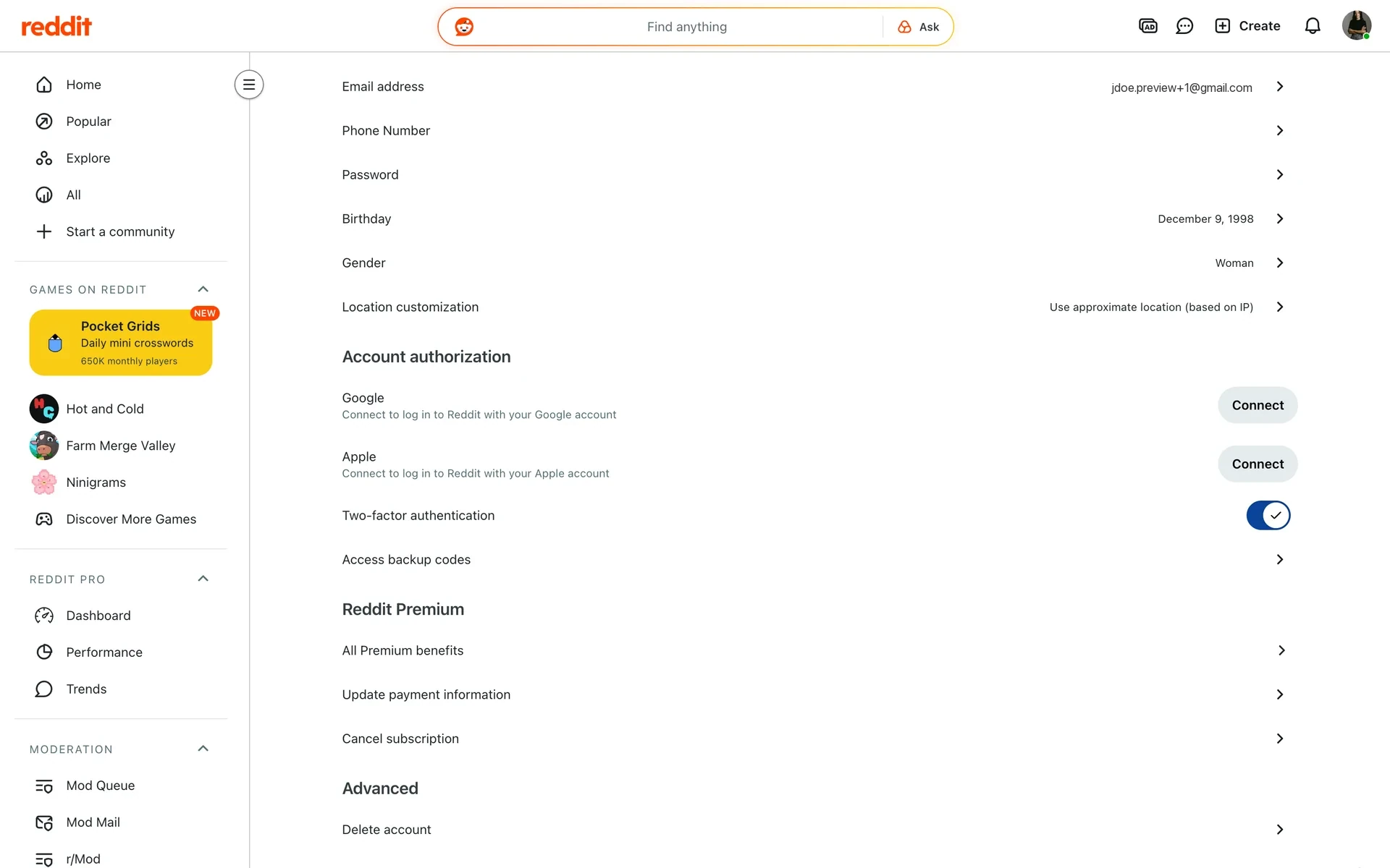 Reddit Settings Account tab with the Reddit Premium section showing All Premium benefits, Update payment information, and Cancel subscription rows