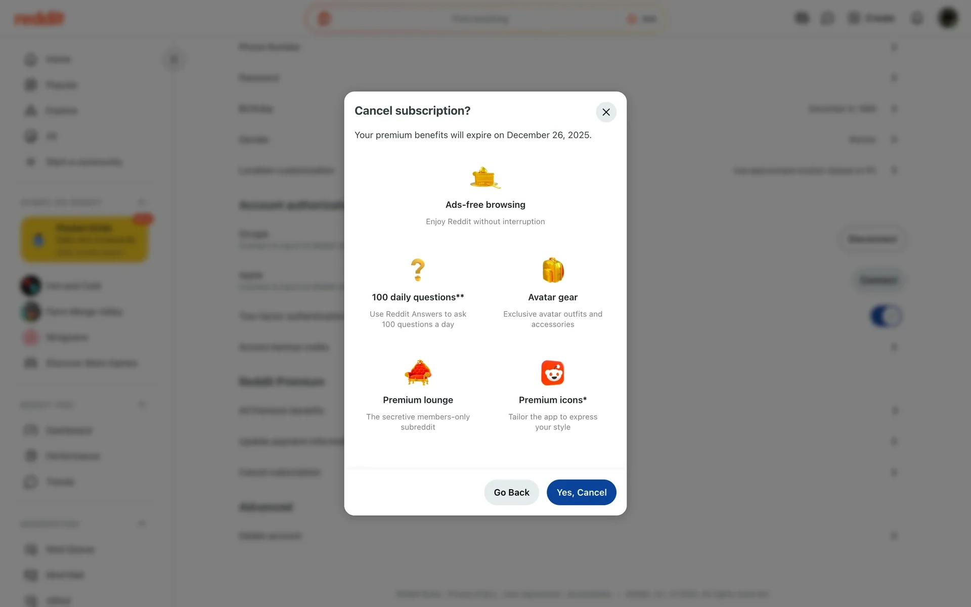 Cancel subscription pop-up listing Premium benefits and the expiry date, with Go Back and Yes, Cancel buttons