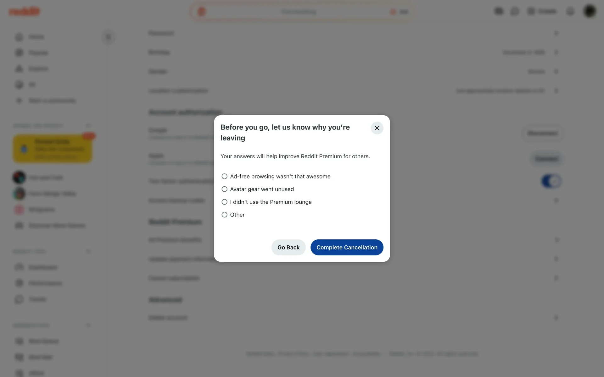 Before you go survey asking the reason for leaving Reddit Premium, with four radio options and a Complete Cancellation button