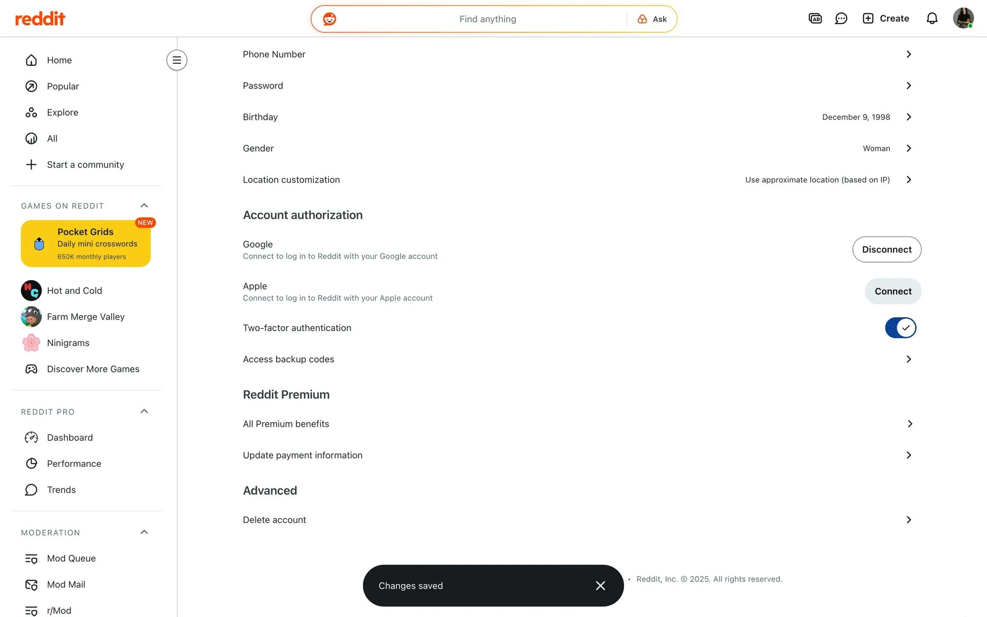 Reddit Account page after cancellation with a Changes saved toast and the Reddit Premium section no longer showing a cancel option