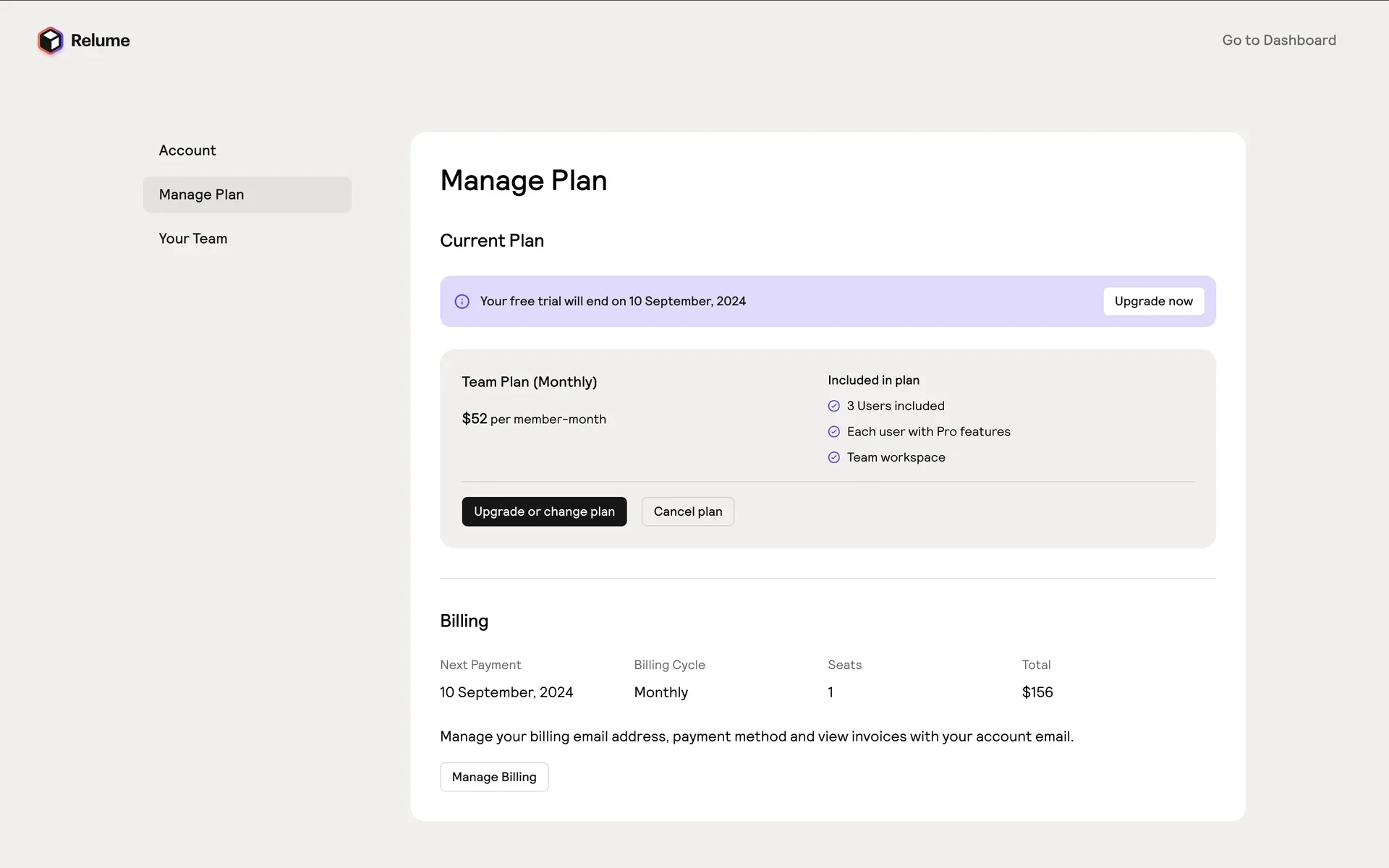 Relume Manage Plan page showing Team Plan Monthly with Upgrade or change plan and Cancel plan buttons, plus a free trial ends banner and Billing totals