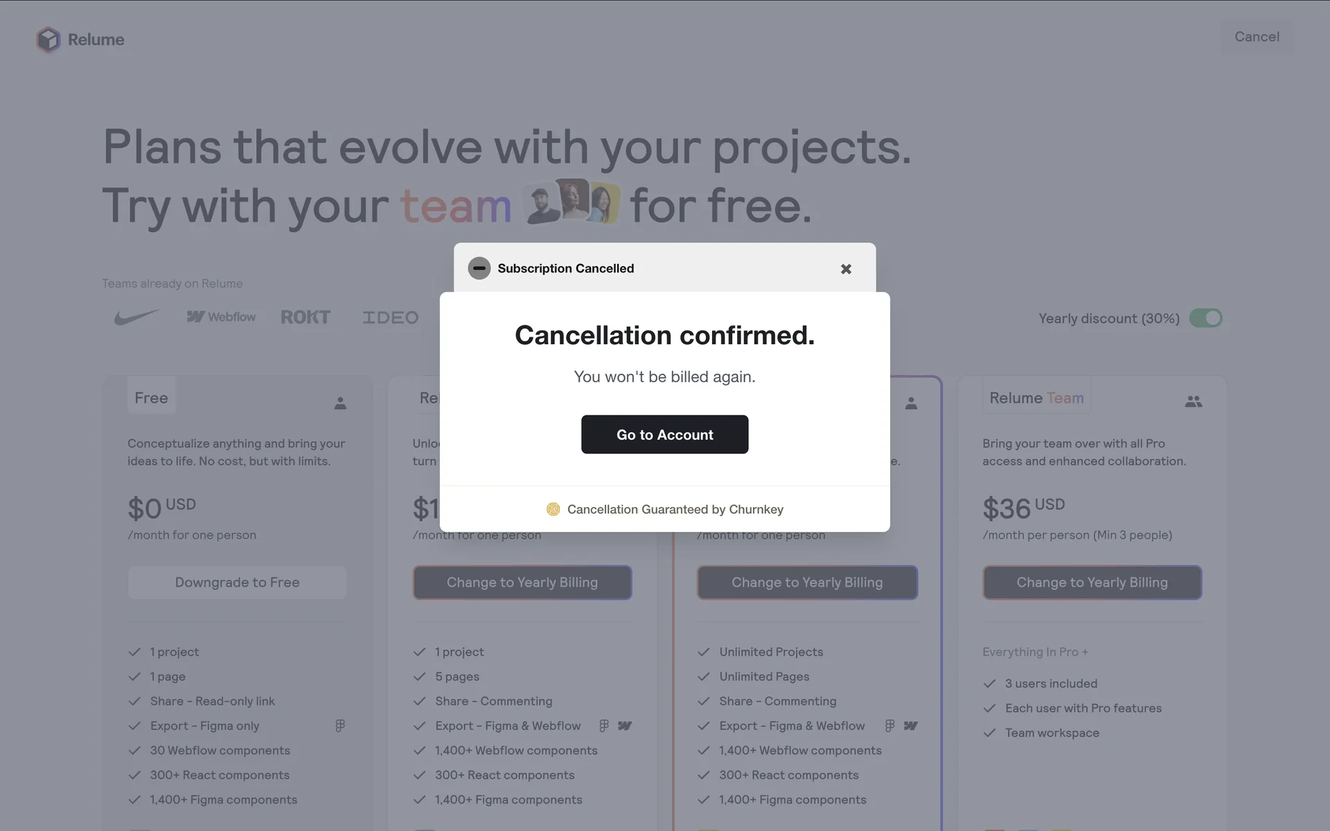 Churnkey modal titled Subscription Cancelled with Cancellation confirmed, You won't be billed again, a Go to Account button, and Cancellation Guaranteed by Churnkey footer