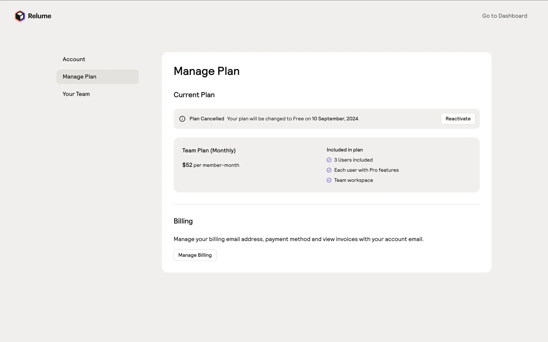 Relume Manage Plan after cancel showing Plan Cancelled banner that the plan changes to Free on 10 September 2024 with a Reactivate button, and Team Plan Monthly still listed as current