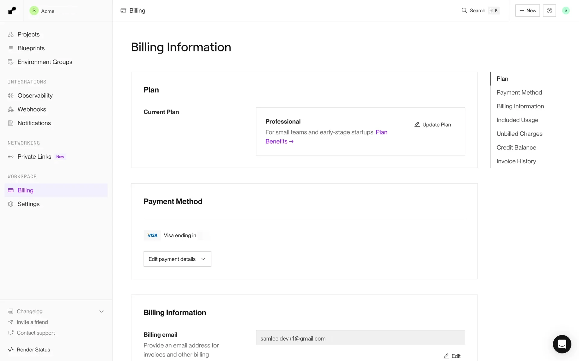 Render Billing page with the Plan section showing the current Professional plan and an Update Plan button, plus Payment Method below
