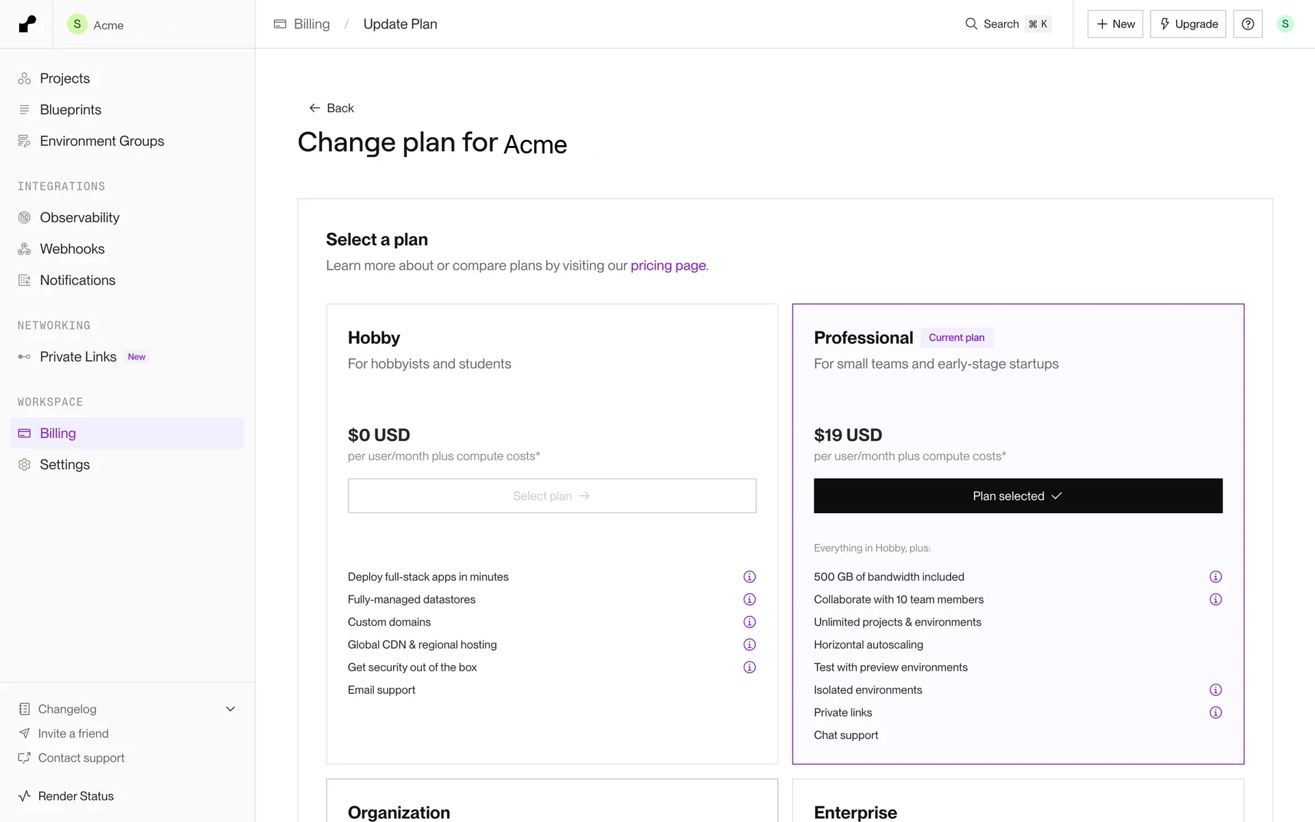 Render Change plan page showing Hobby at $0 and Professional (current plan) at $19 per user per month, both noting plus compute costs