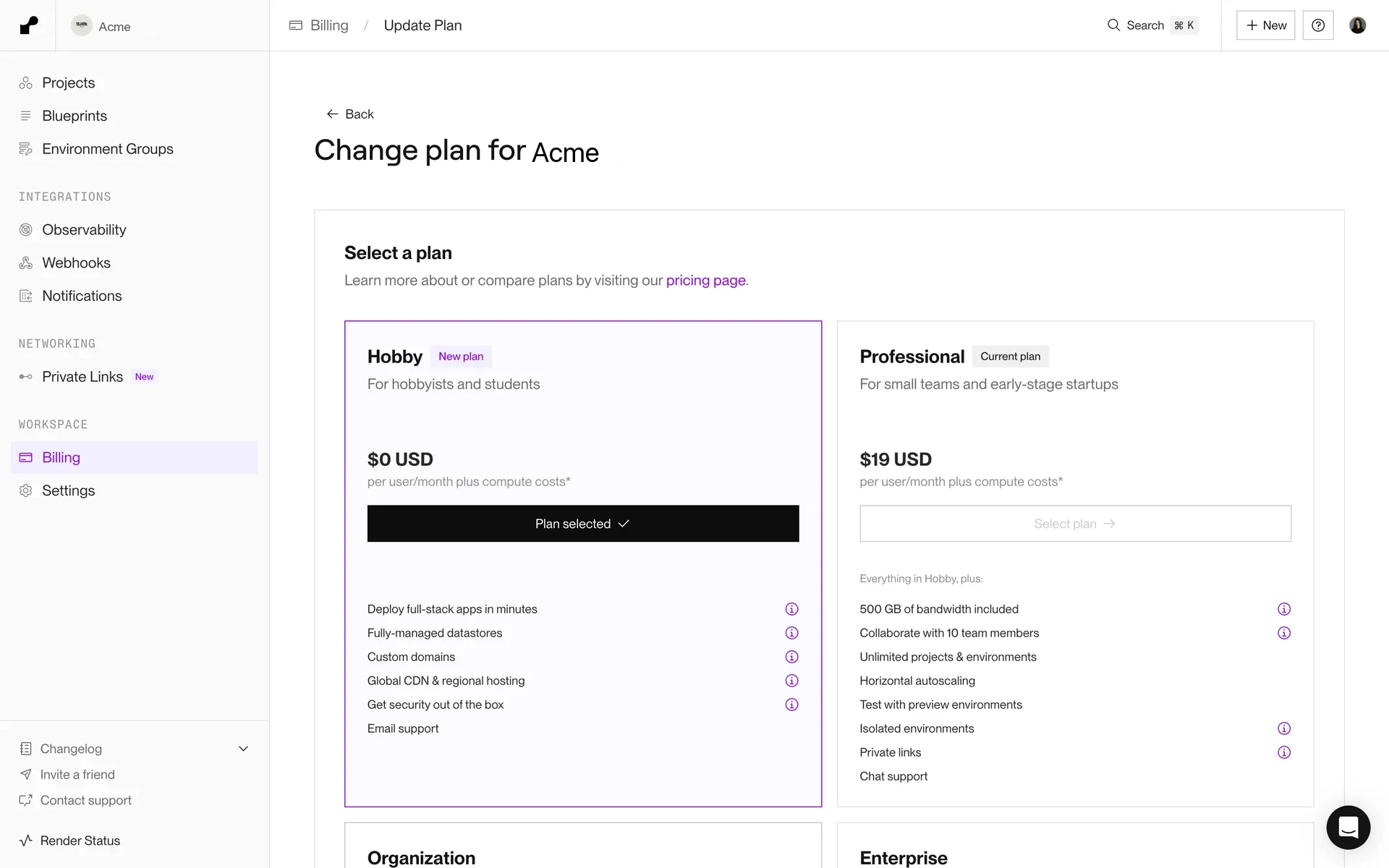 Render Change plan page with the Hobby card selected and marked New plan, showing Plan selected on Hobby