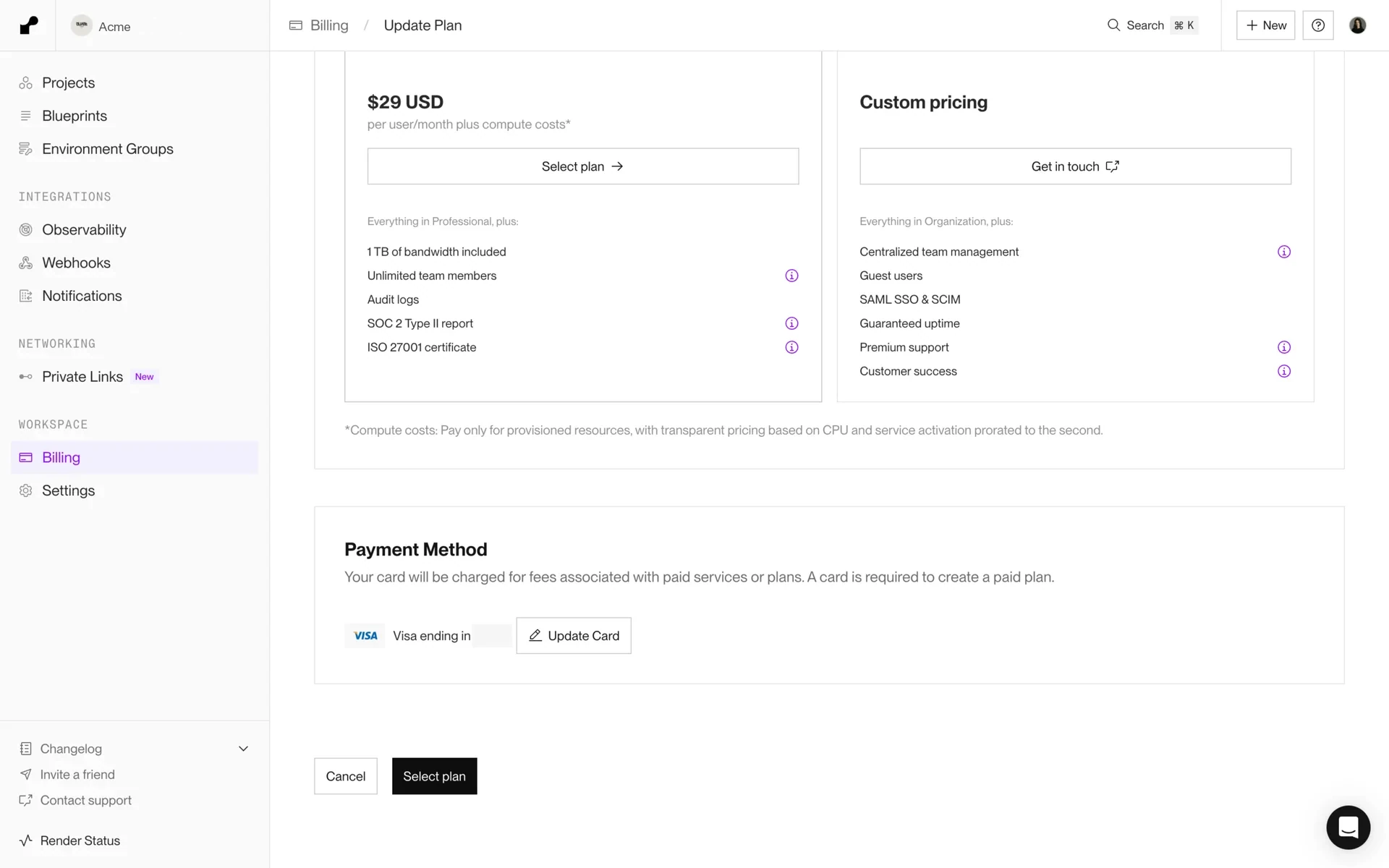Render Change plan page showing Organization at $29 per user per month and Enterprise custom pricing, with the compute-costs footnote and Payment Method section