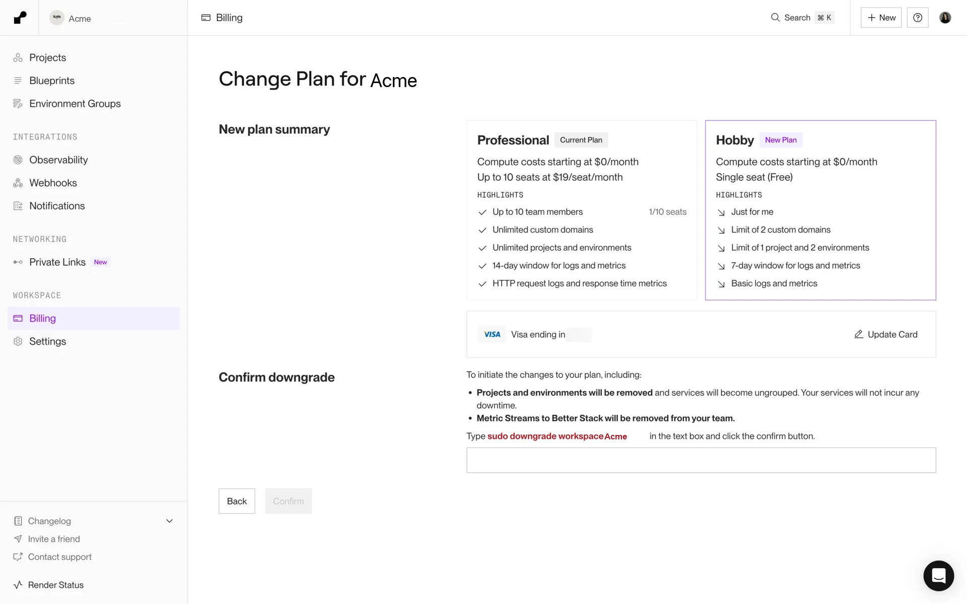 Render Confirm downgrade screen comparing Professional to Hobby, listing that projects and environments will be removed and services ungrouped, with an empty confirmation text box