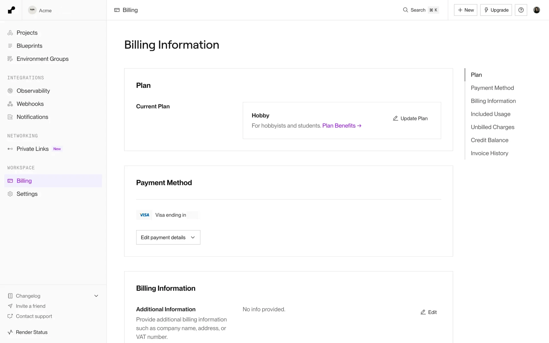 Render Billing page now showing Hobby as the Current Plan after the downgrade completed