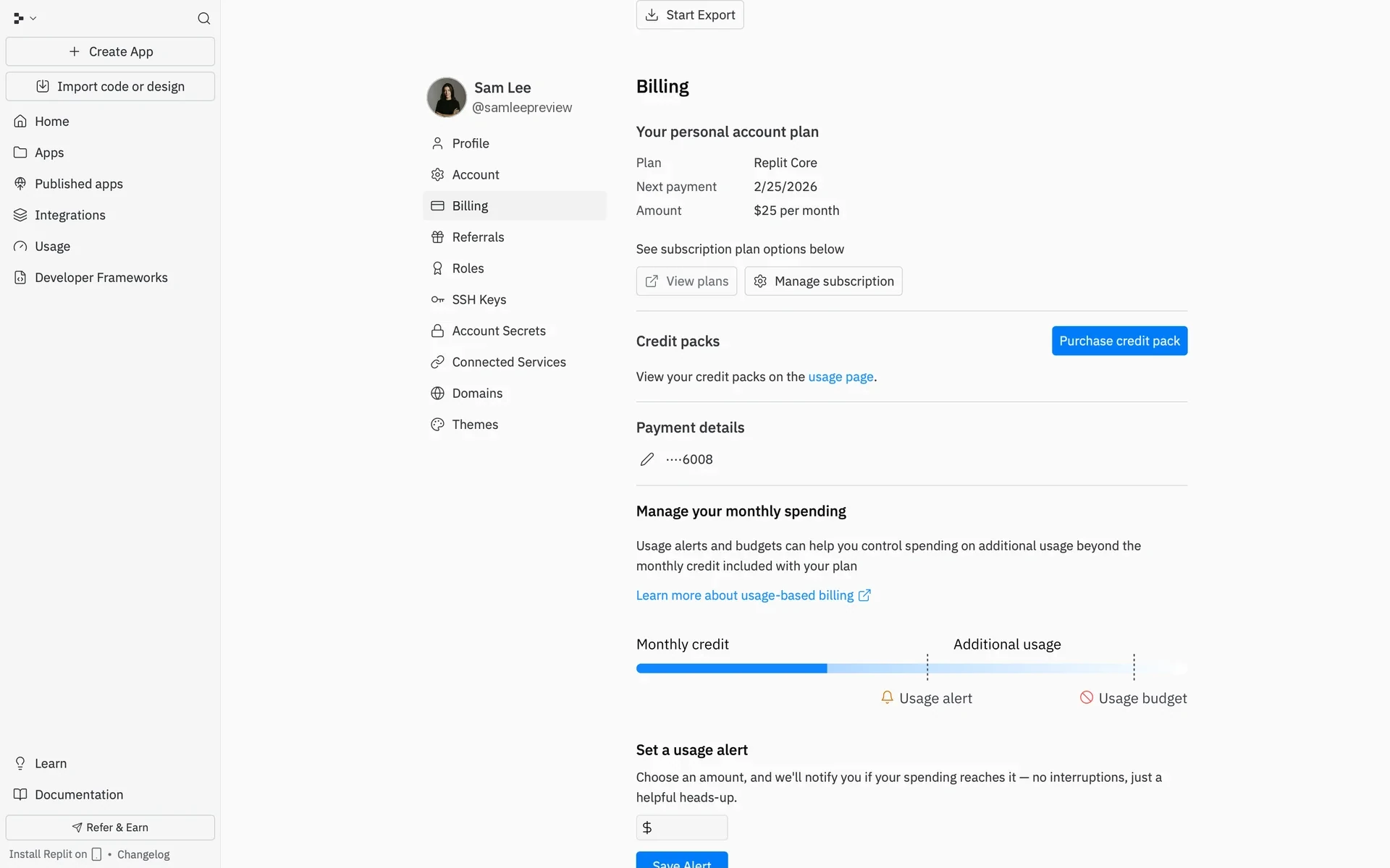 Replit Billing settings showing Your personal account plan for Replit Core with Next payment date, View plans, and a Manage subscription button with a gear icon