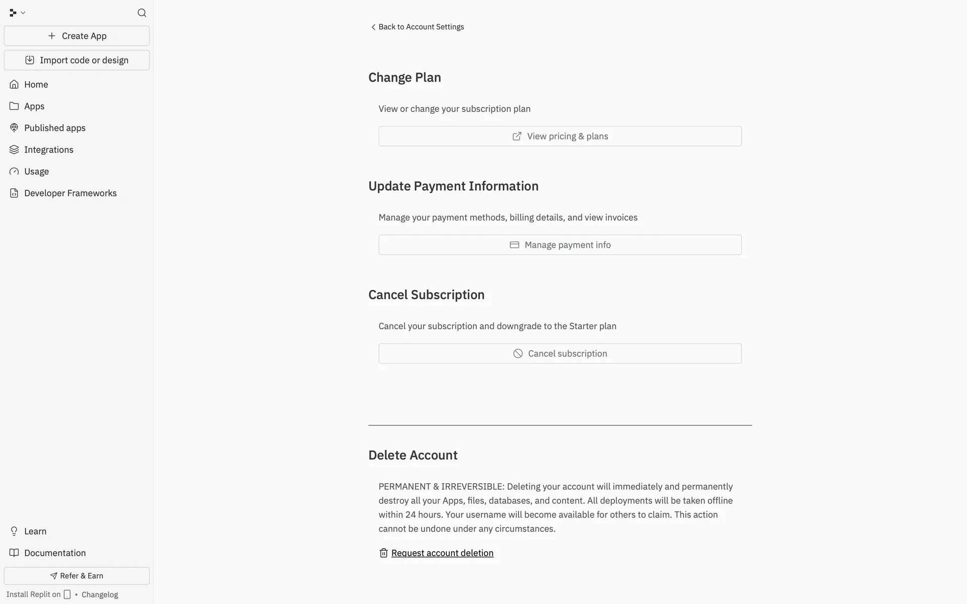 Replit manage-subscription page with Cancel Subscription section reading Cancel your subscription and downgrade to the Starter plan, a Cancel subscription button, and a Delete Account section marked PERMANENT & IRREVERSIBLE with Request account deletion