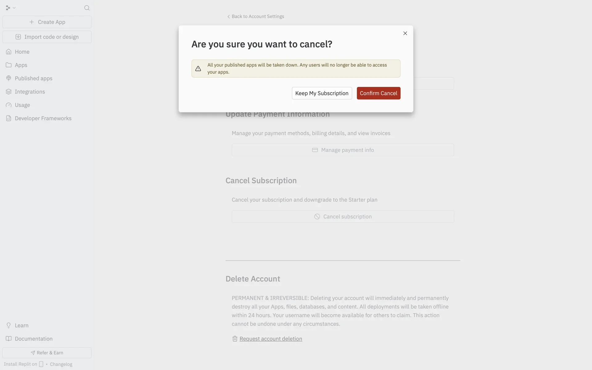 Replit second cancel modal with a yellow warning that all published apps will be taken down, plus Keep My Subscription and red Confirm Cancel buttons