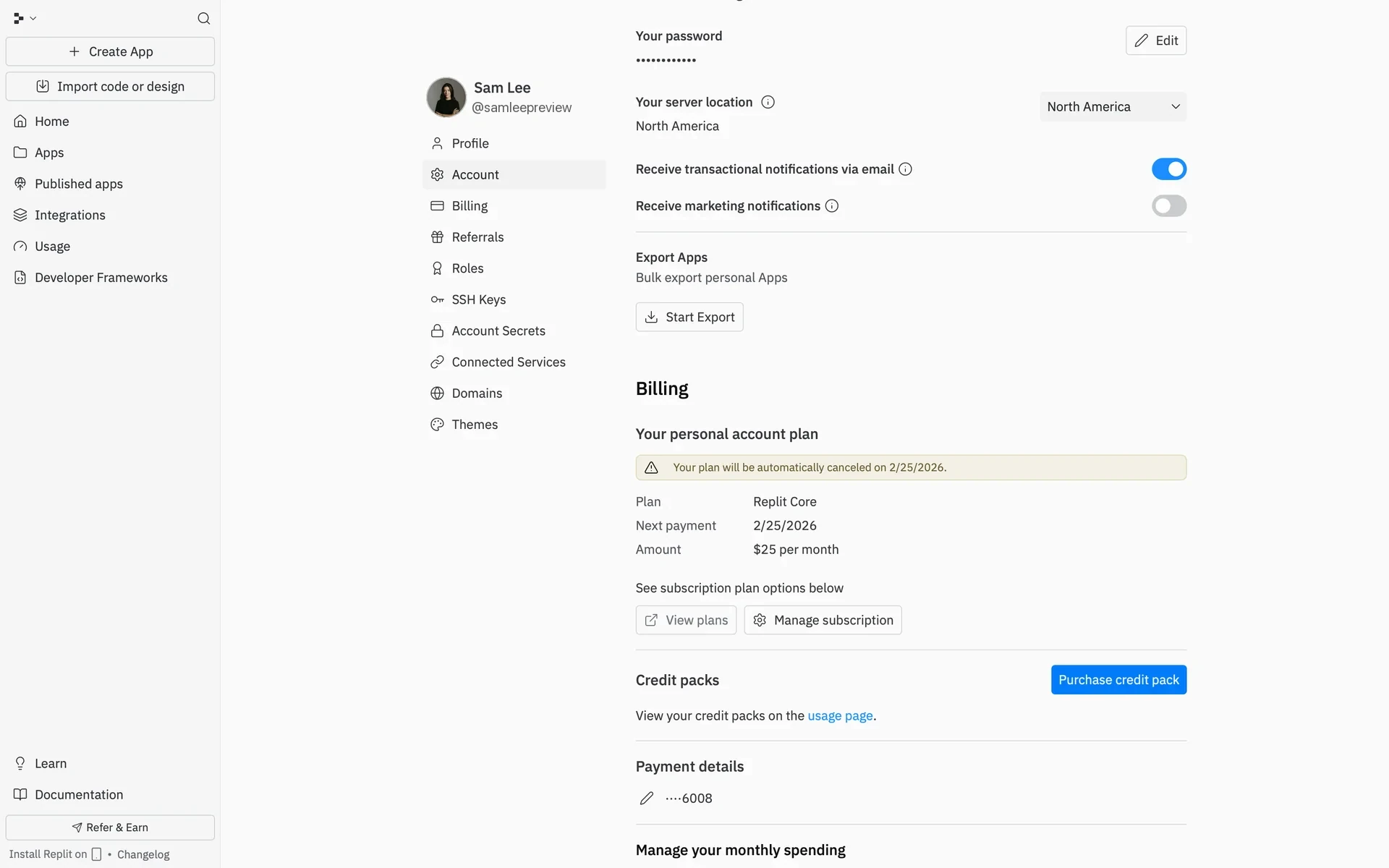 Replit Billing section after cancel with a yellow banner reading Your plan will be automatically canceled on a specific date, still showing Replit Core and Manage subscription
