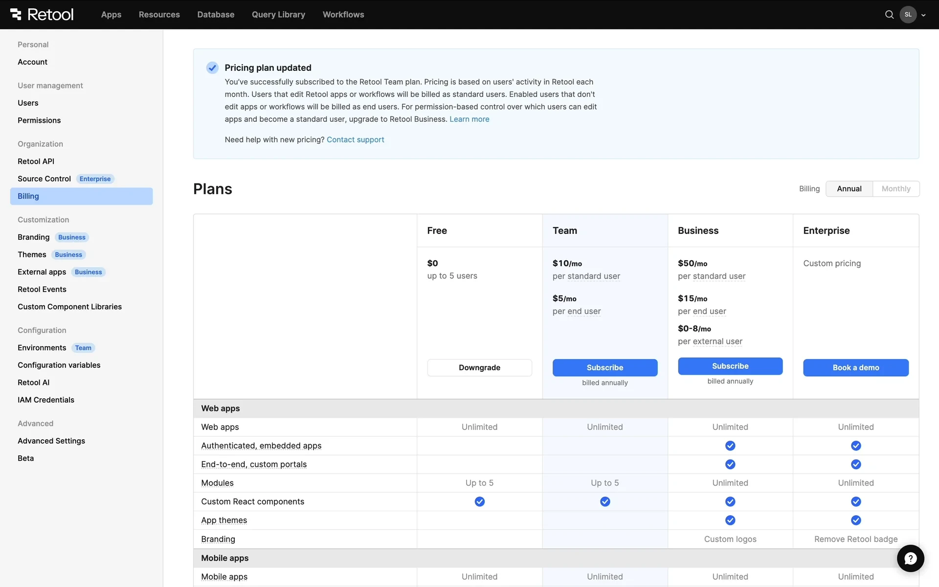 Retool Organization Billing Plans table on Annual billing showing Free at $0 with a Downgrade button, Team pricing per standard and end user with Subscribe, Business, and Enterprise Book a demo