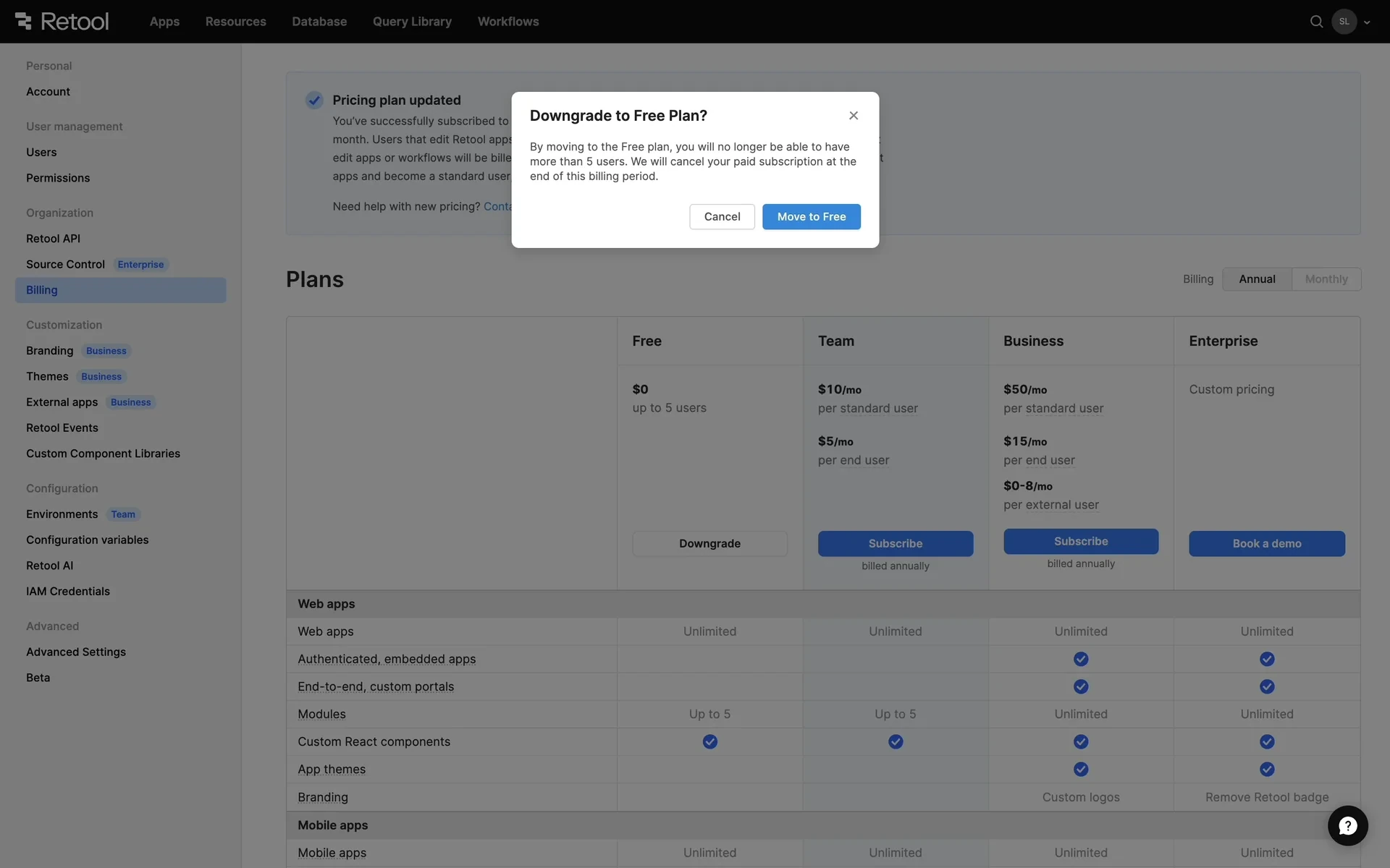 Retool modal titled Downgrade to Free Plan? warning that Free allows no more than 5 users and that the paid subscription cancels at the end of the billing period, with Cancel and Move to Free buttons