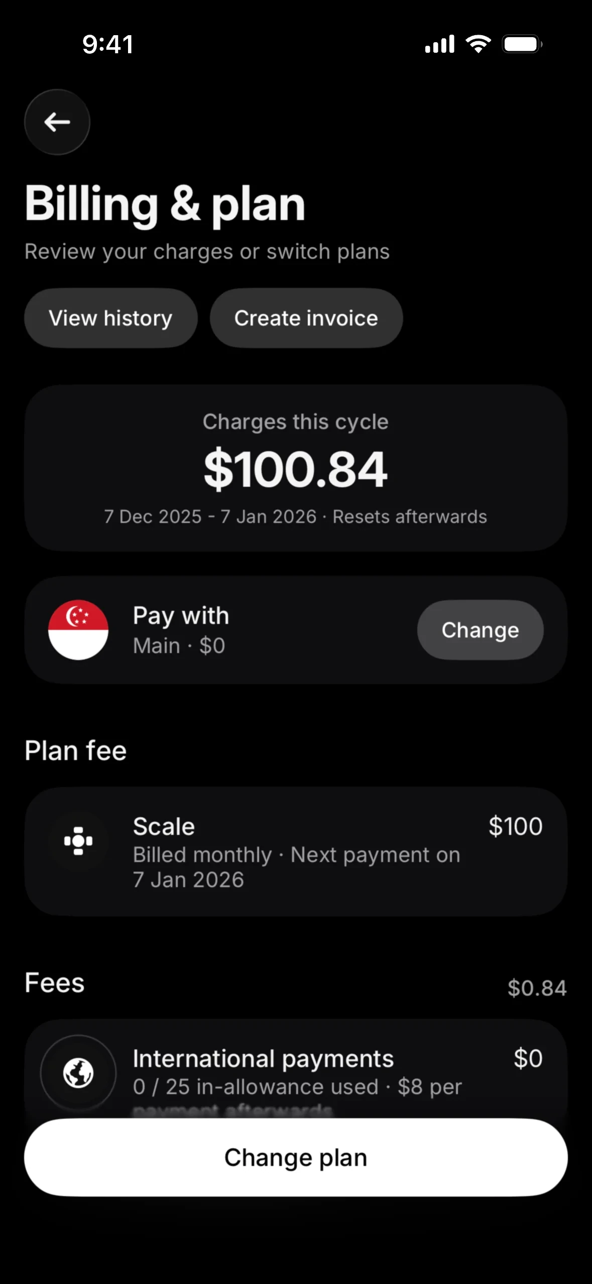 Revolut Business Billing and plan screen showing charges this cycle, Scale plan fee billed monthly with next payment date, and a white Change plan button at the bottom