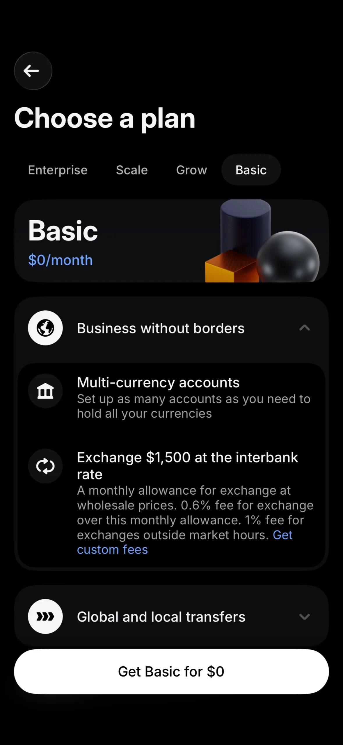 Choose a plan screen with Basic selected, price shown as $0 per month in this market, expandable Business without borders features, and a white Get Basic for $0 button