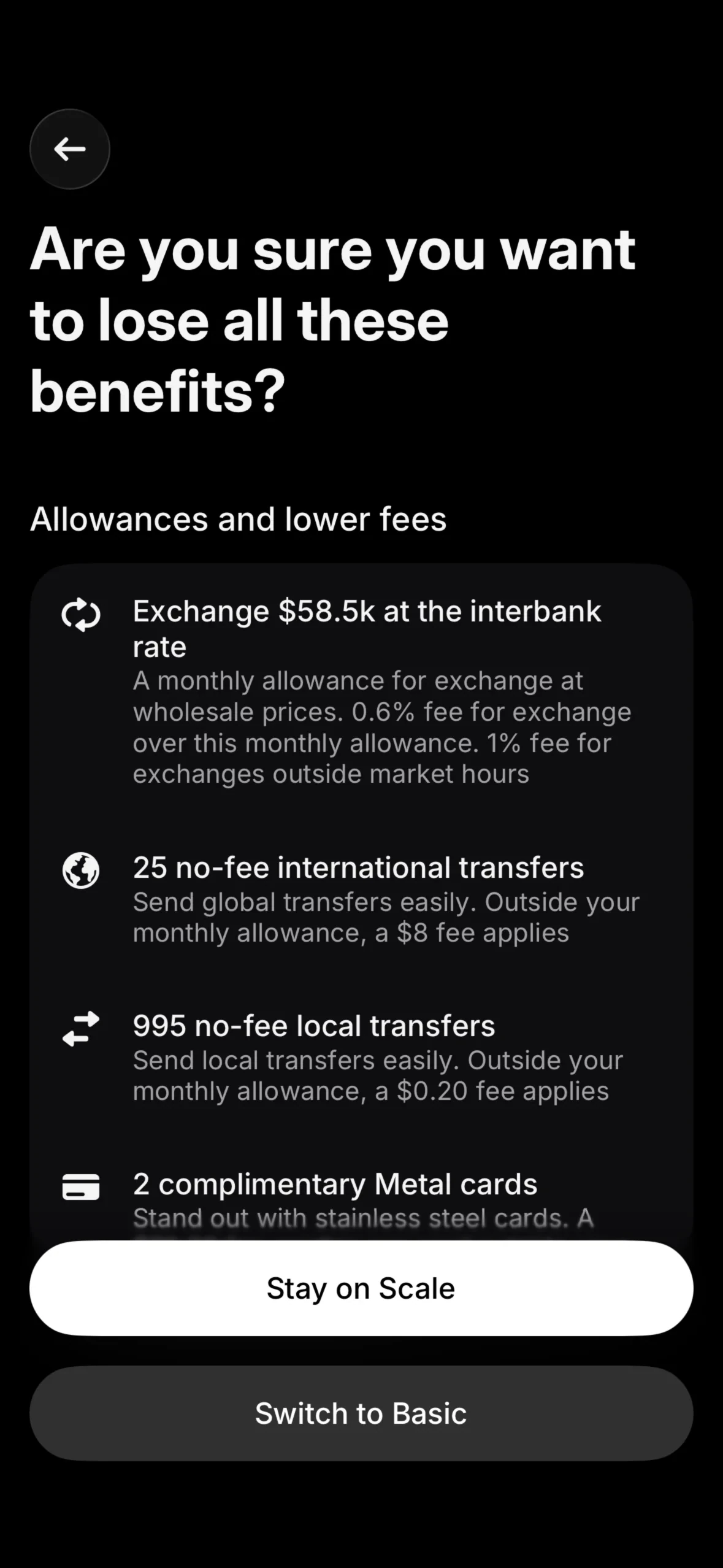 Retention screen headed Are you sure you want to lose all these benefits listing Scale allowances, with a white Stay on Scale button above a grey Switch to Basic button