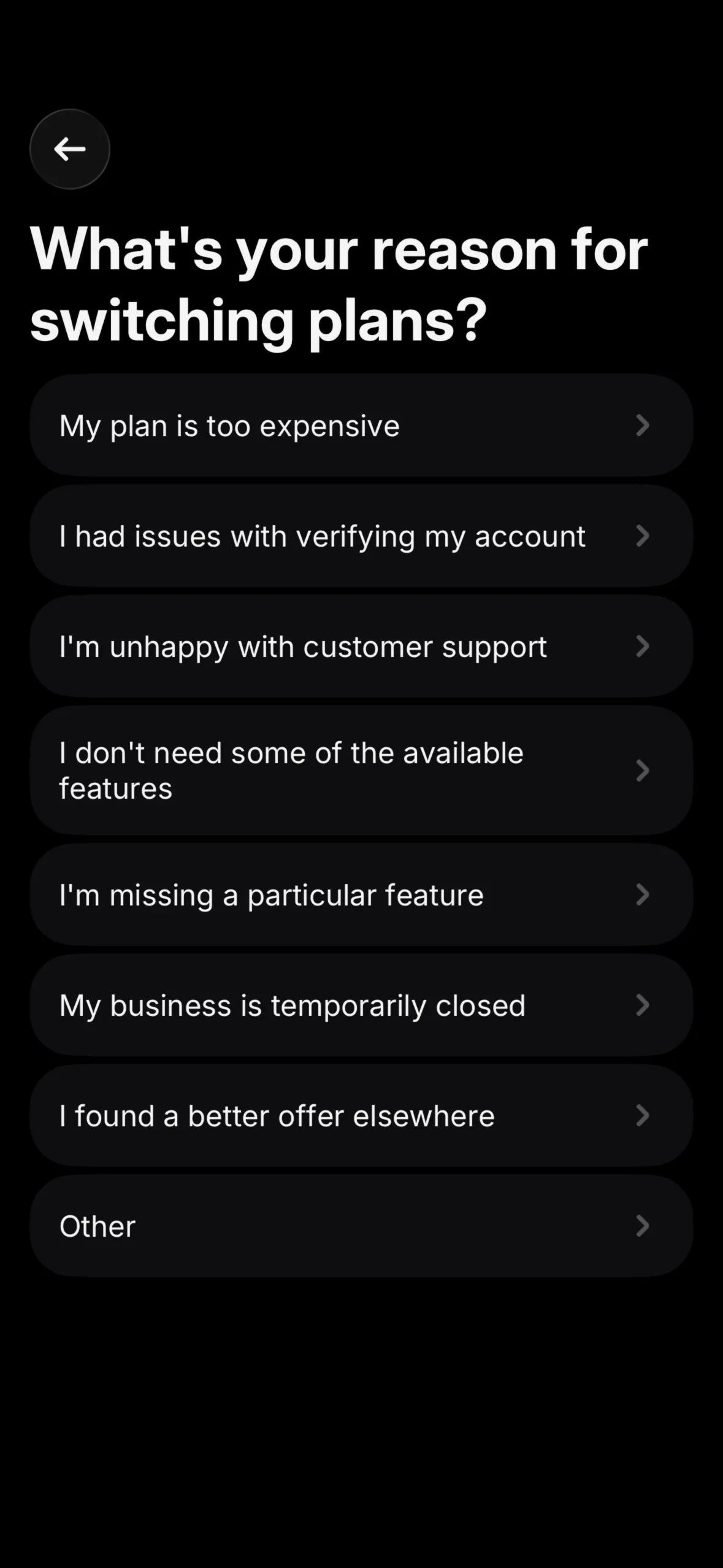 What's your reason for switching plans screen with eight options including My plan is too expensive, I don't need some of the available features, and Other