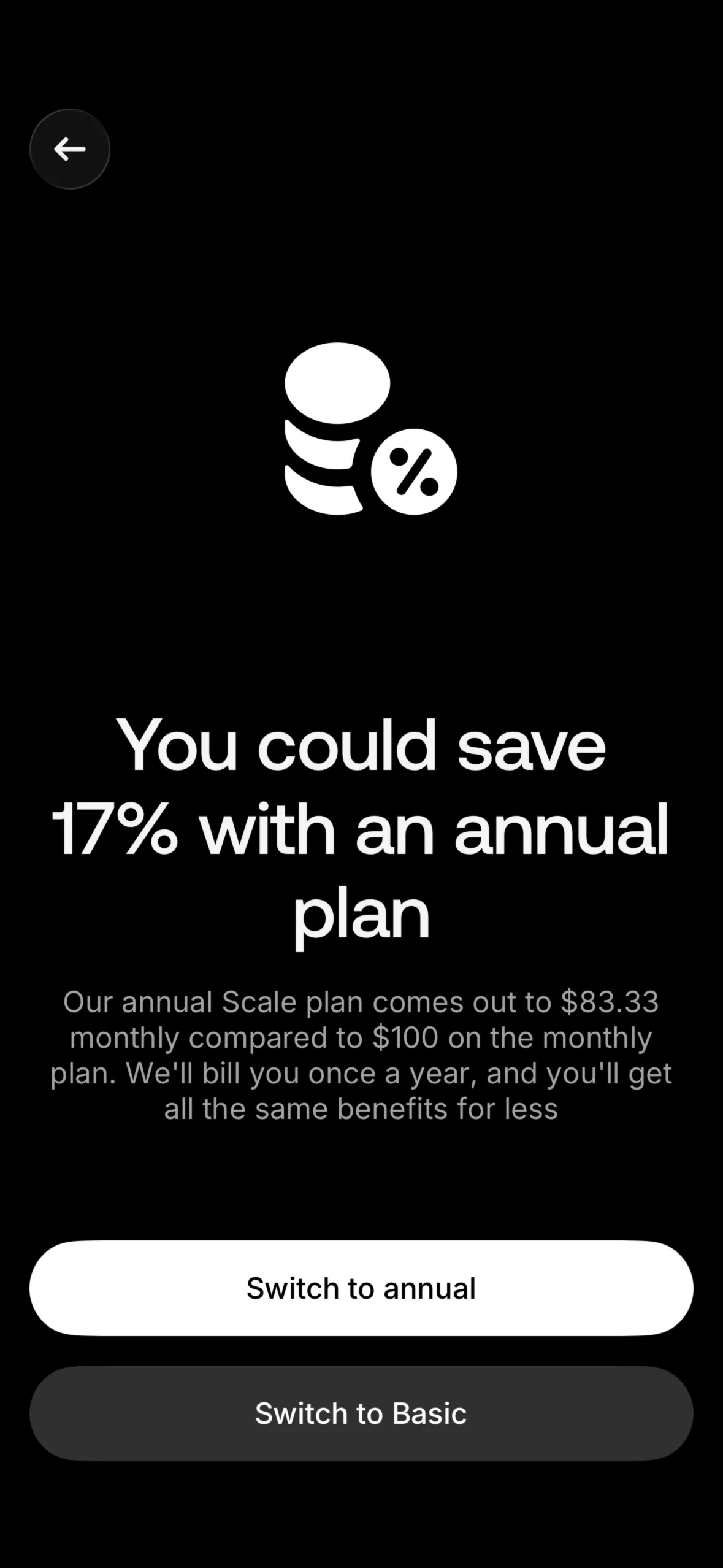Retention screen headed You could save 17% with an annual plan comparing annual Scale at $83.33 monthly to $100 monthly, with Switch to annual above Switch to Basic