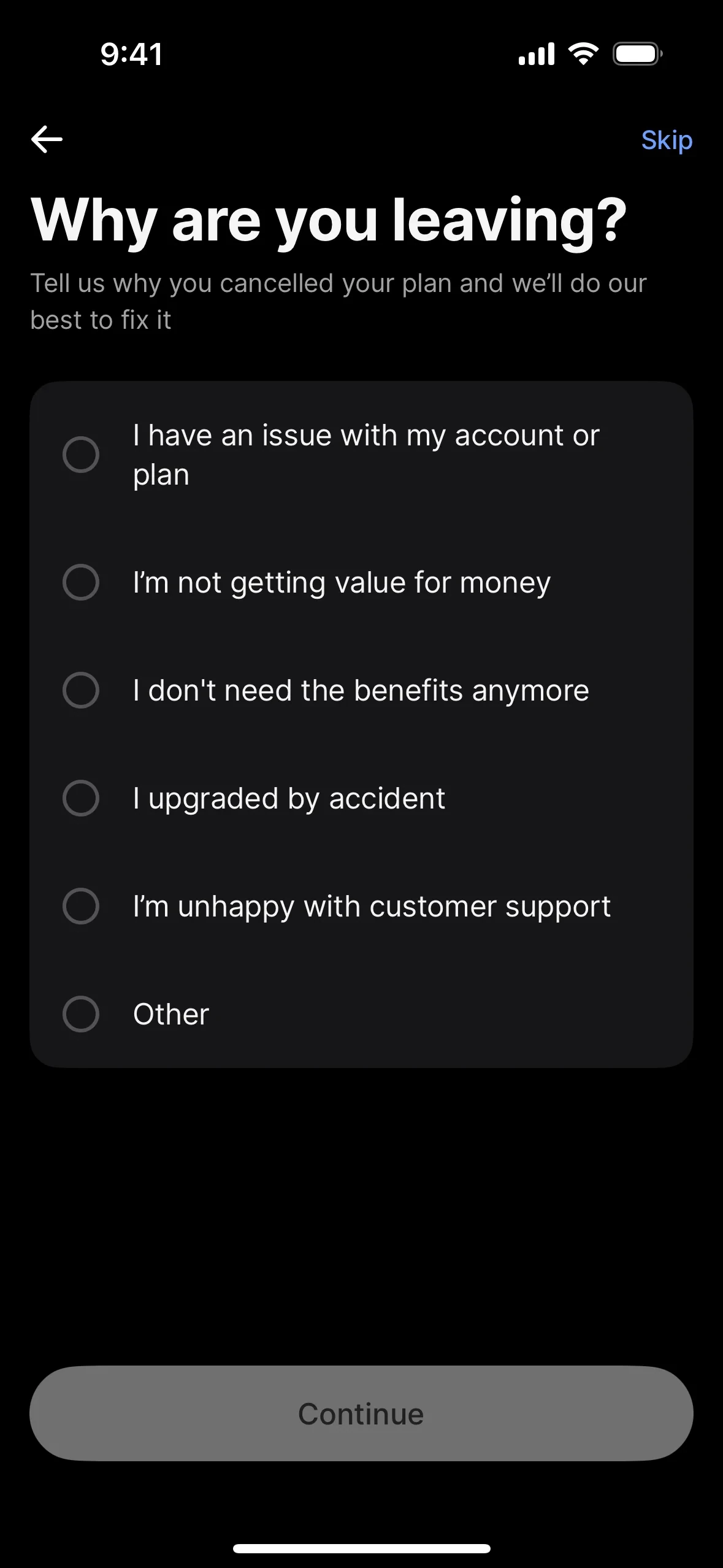 Revolut Why are you leaving screen with a Skip link top right and six radio options including I have an issue with my account or plan, I am not getting value for money, and I upgraded by accident, above a greyed-out Continue button