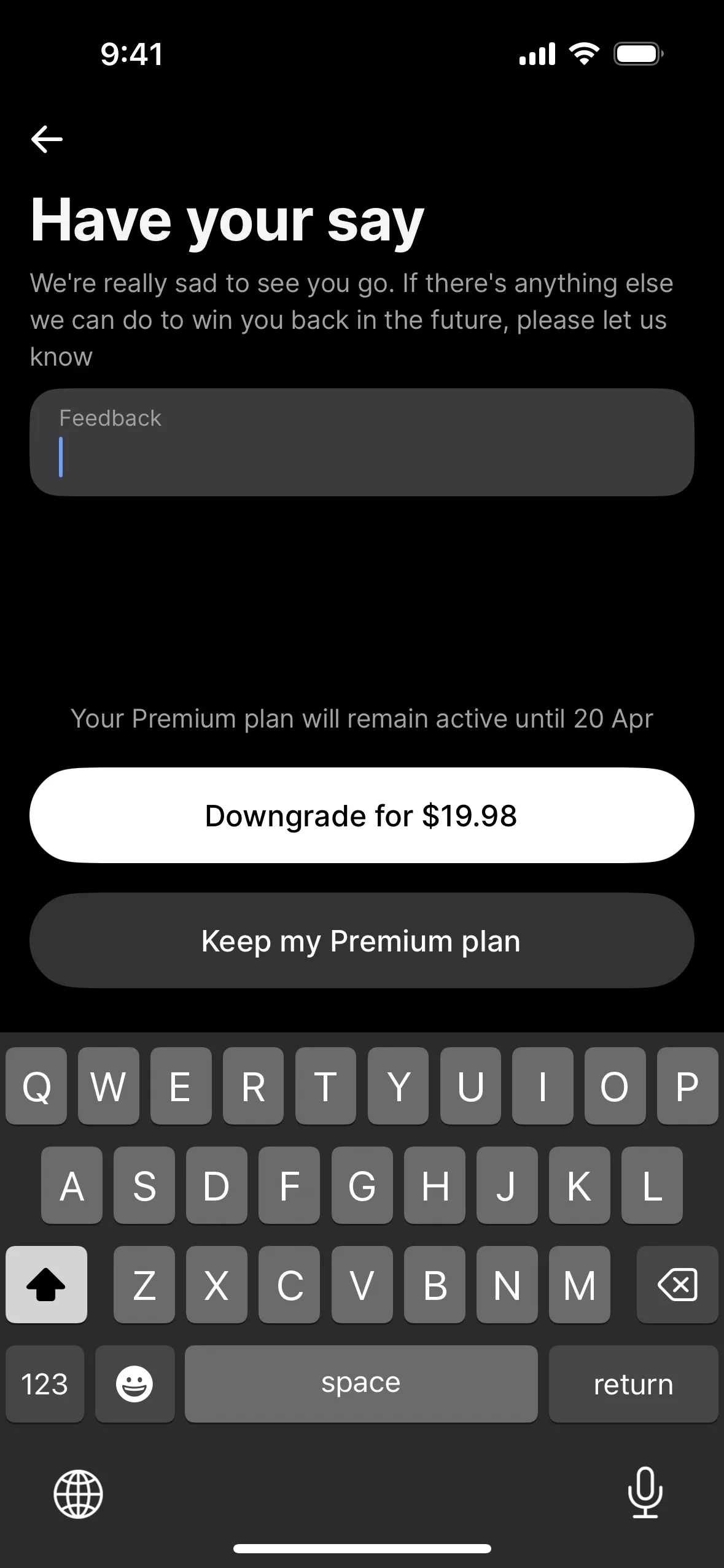 Revolut Have your say feedback screen with an empty Feedback field, a line reading Your Premium plan will remain active until 20 Apr, a white Downgrade for 19.98 button and a grey Keep my Premium plan button