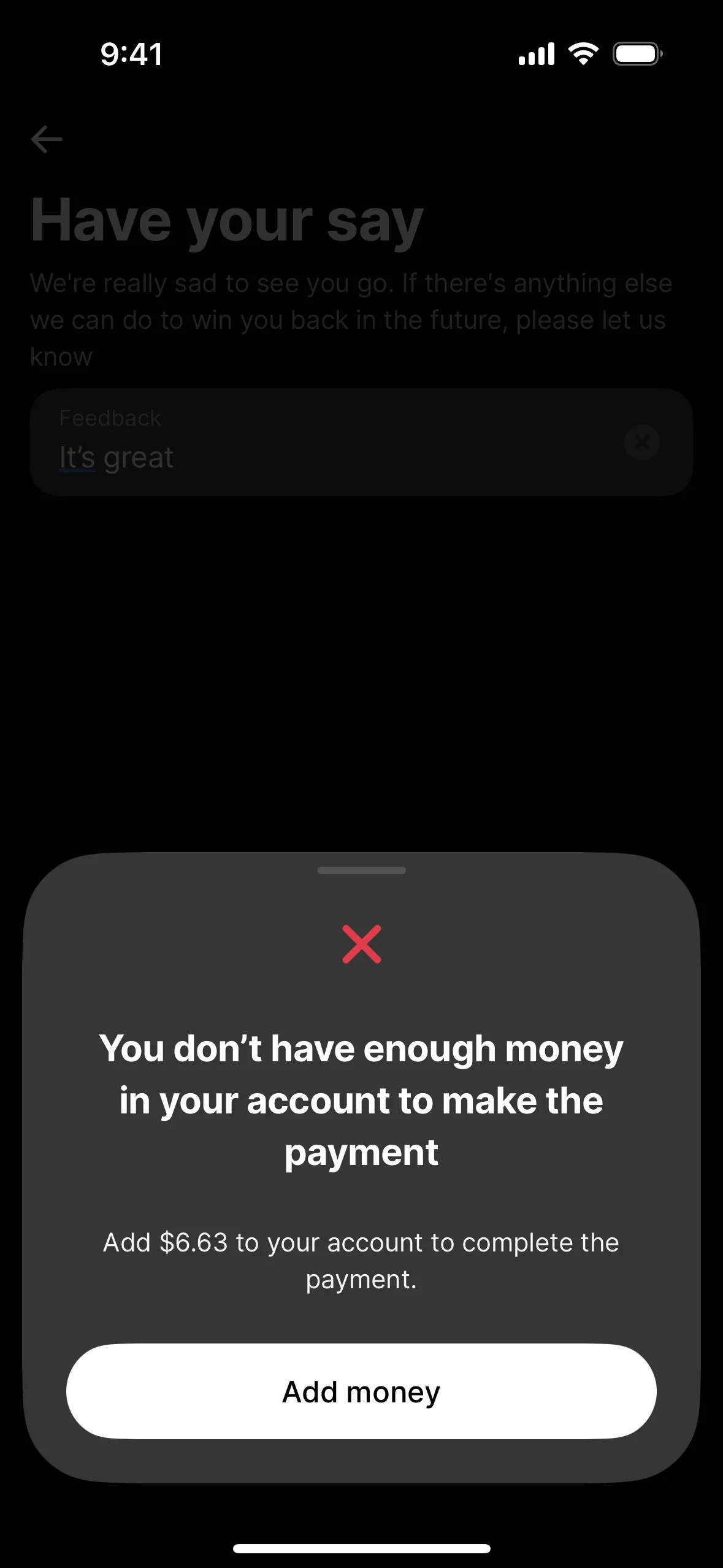 Revolut error sheet with a red cross reading You do not have enough money in your account to make the payment, Add 6.63 to your account to complete the payment, and a single Add money button
