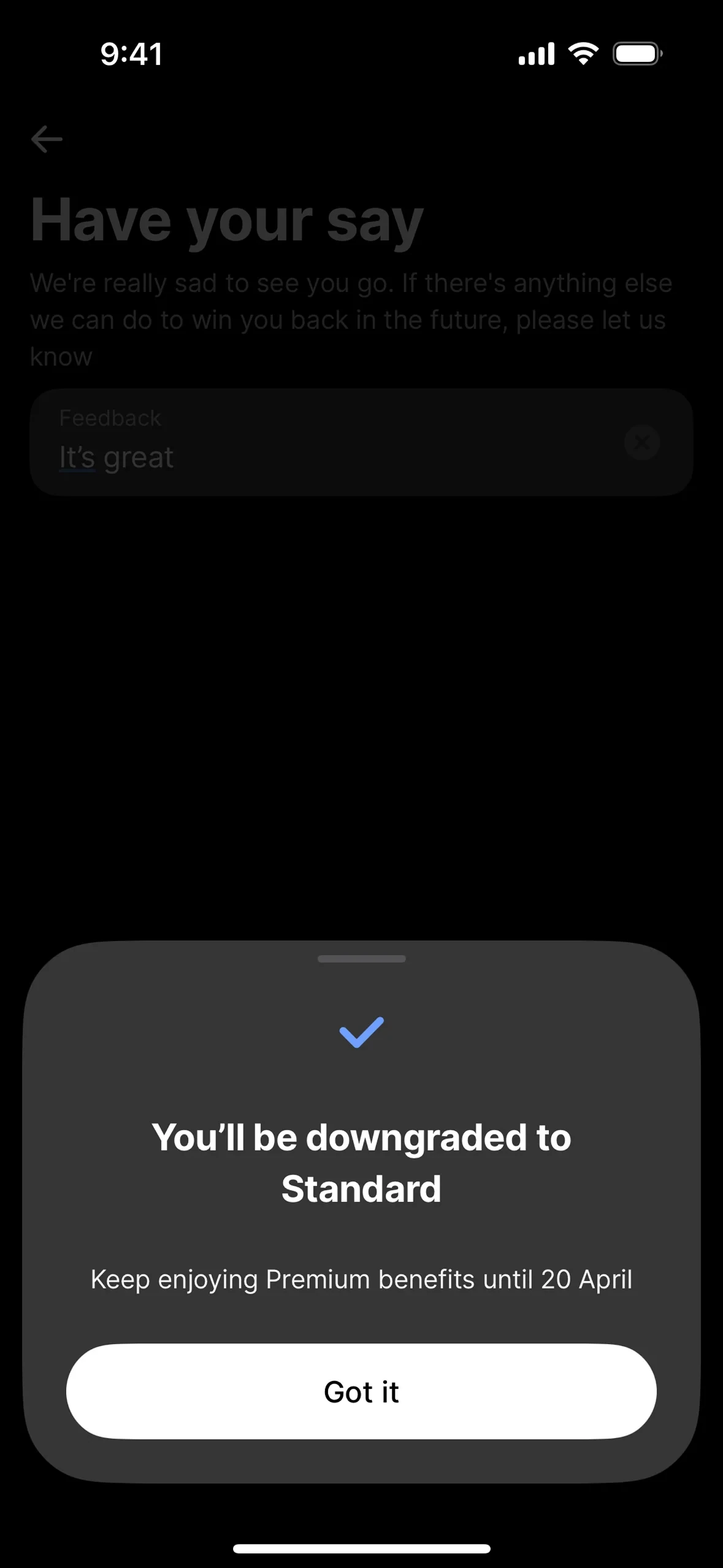 Revolut confirmation sheet with a blue check mark, the heading You will be downgraded to Standard, the line Keep enjoying Premium benefits until 20 April, and a Got it button