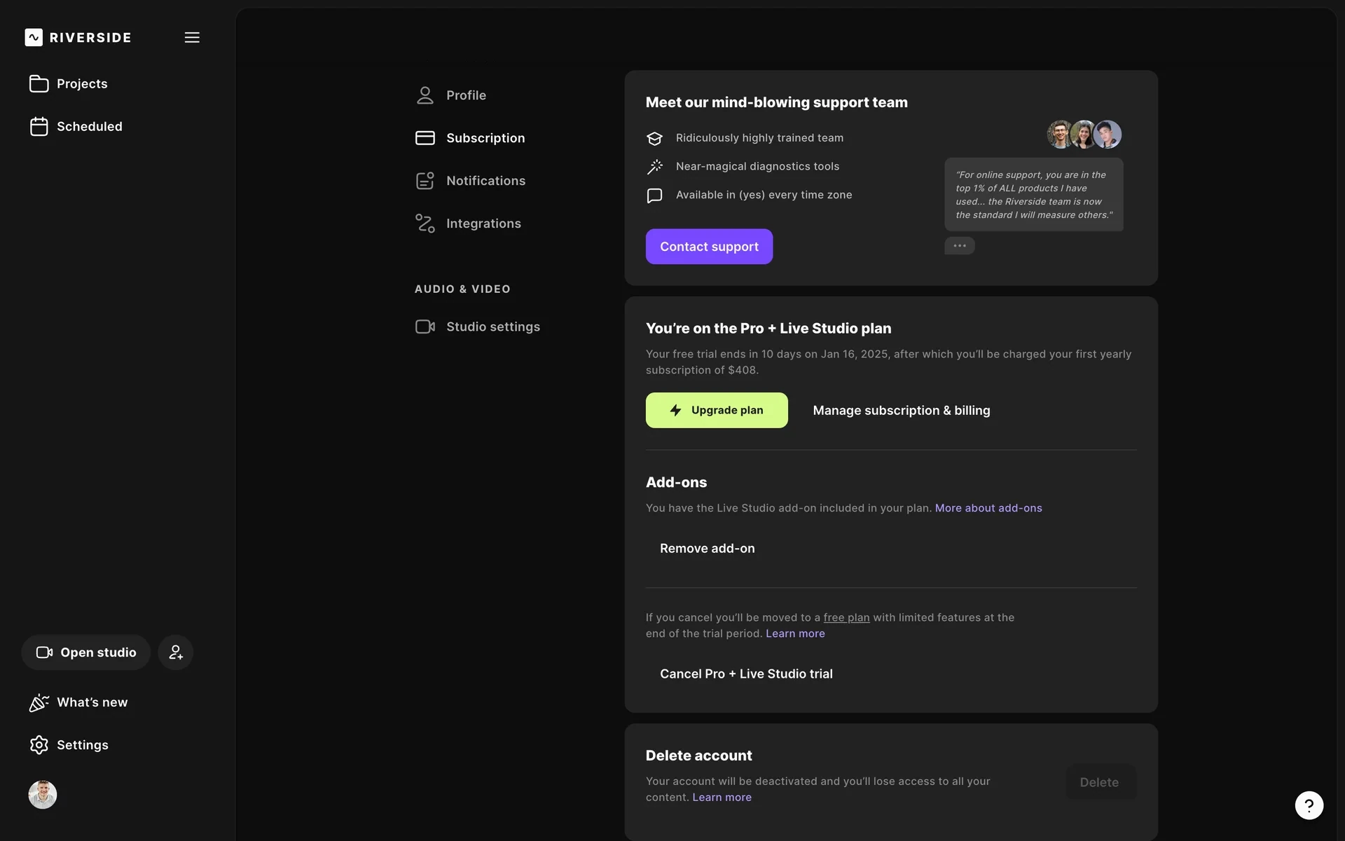 Riverside Subscription settings showing You're on the Pro + Live Studio plan, free trial ending Jan 16 2025 then a yearly charge of $408, Upgrade plan, Manage subscription & billing, Remove add-on, and Cancel Pro + Live Studio trial at the bottom