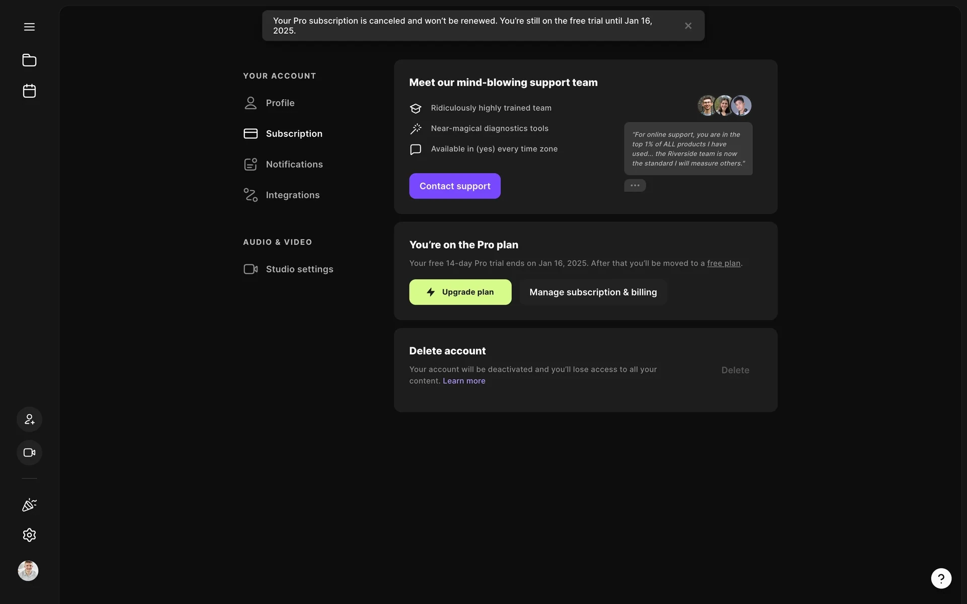 Riverside Subscription page after cancel with banner Your Pro subscription is canceled and won't be renewed, still on free trial until Jan 16 2025, and plan card stating the trial ends then you move to a free plan