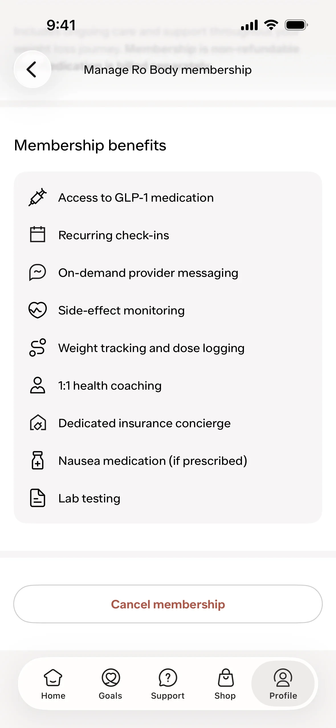 Ro app Manage Ro Body membership page listing benefits such as Access to GLP-1 medication, Recurring check-ins, 1:1 health coaching and Lab testing, with a Cancel membership button at the bottom and the Profile tab selected