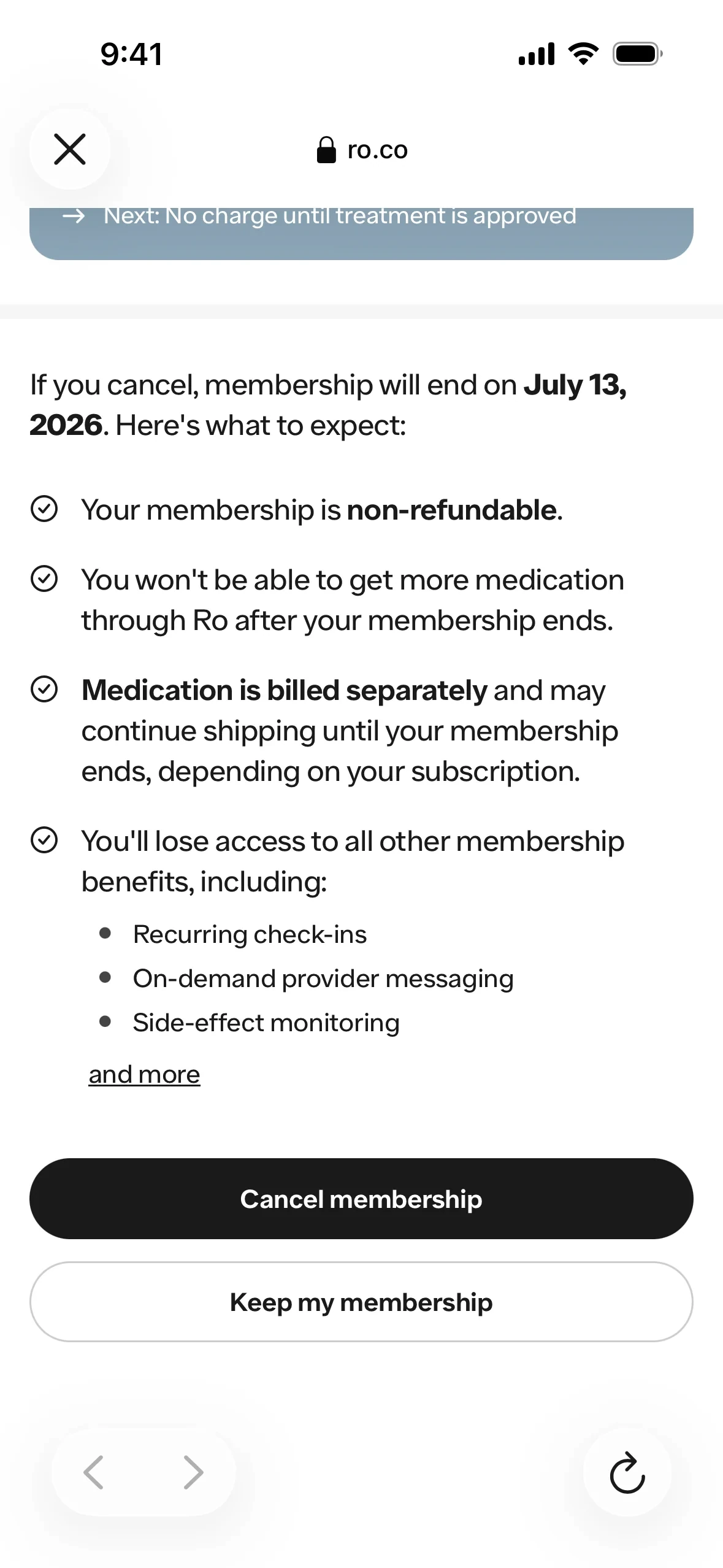 Bottom of the Ro cancel page with the You'll lose access to all other membership benefits list, a black Cancel membership button and an outlined Keep my membership button